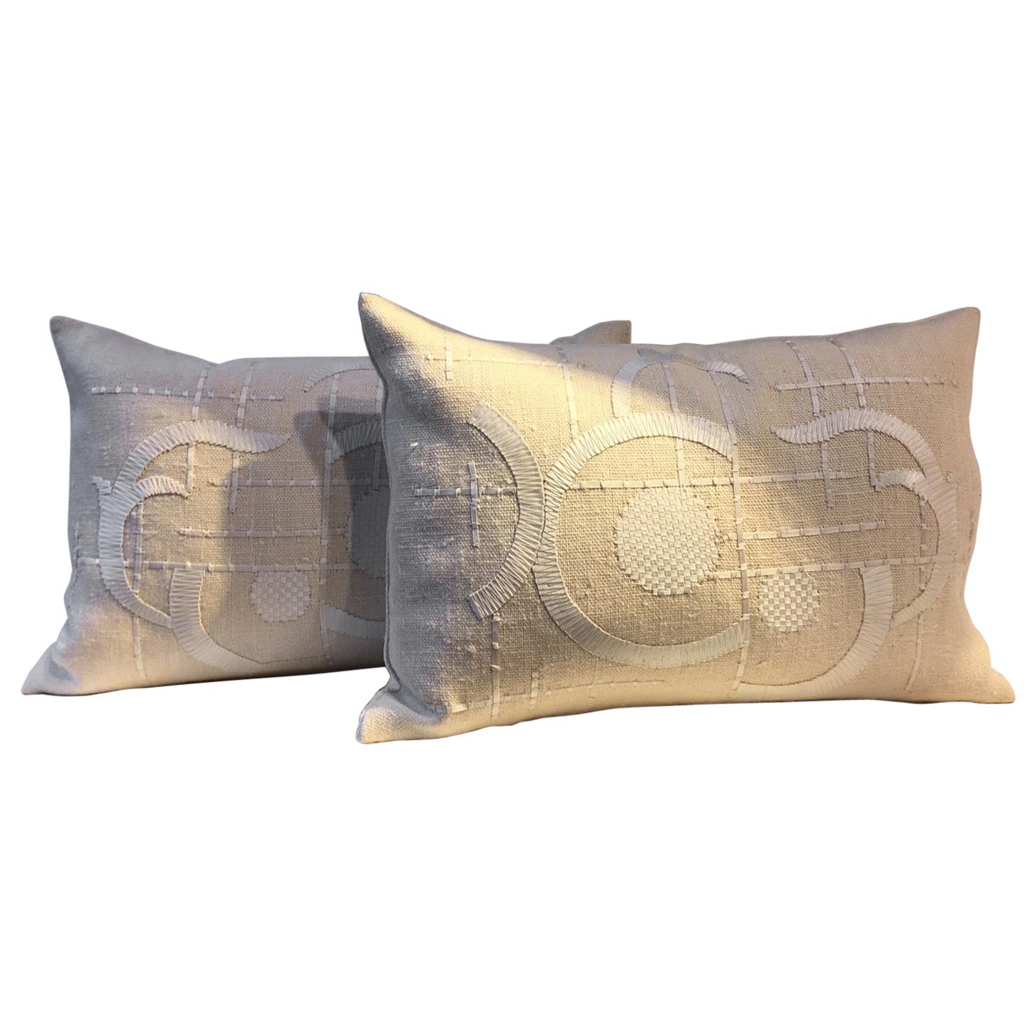 Linen Cushions Color Oyster with Art Deco Design Hand Embroidery