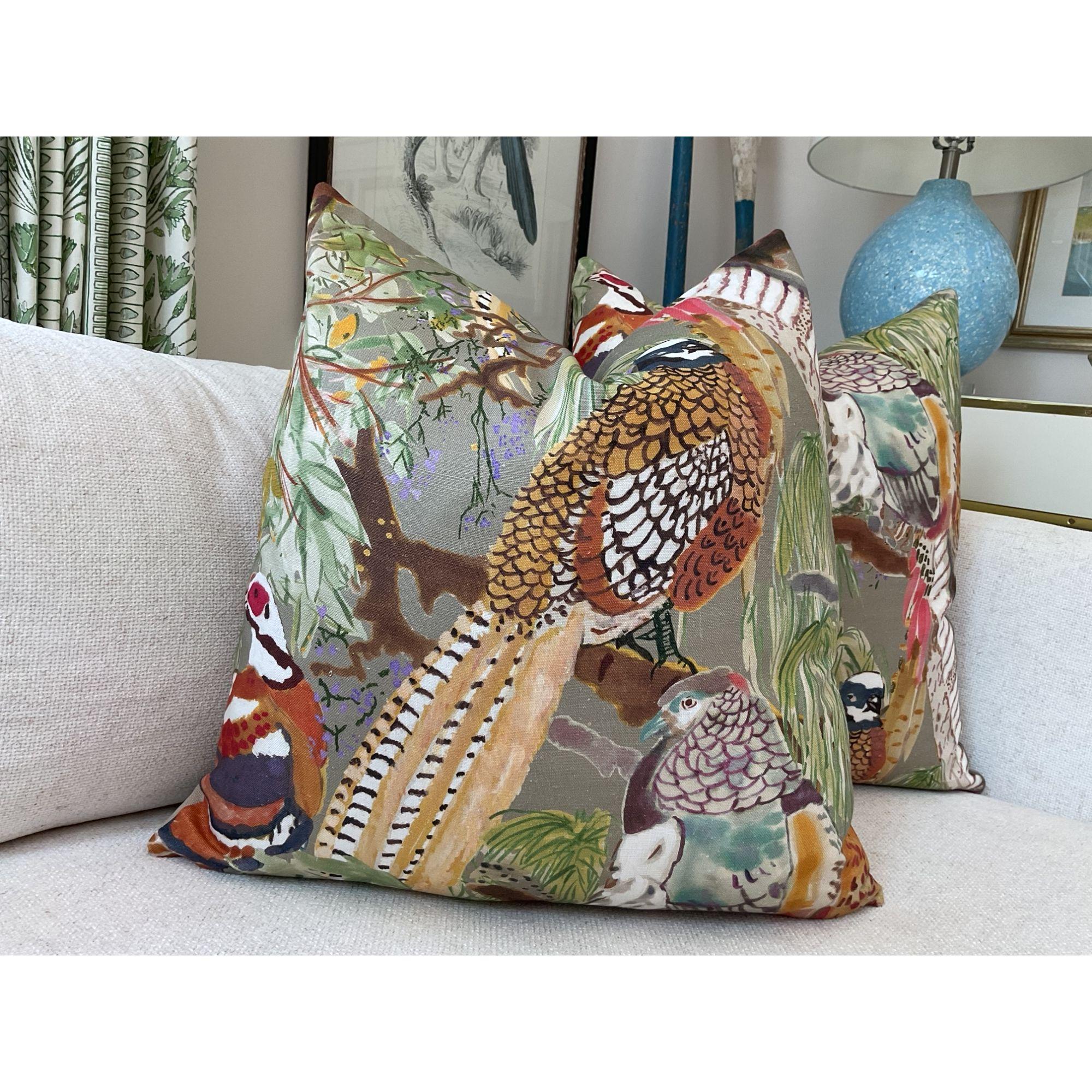 American Linen Mulberry for Lee Jofa Game Birds in Multi and Stone Pillows- a Pair For Sale