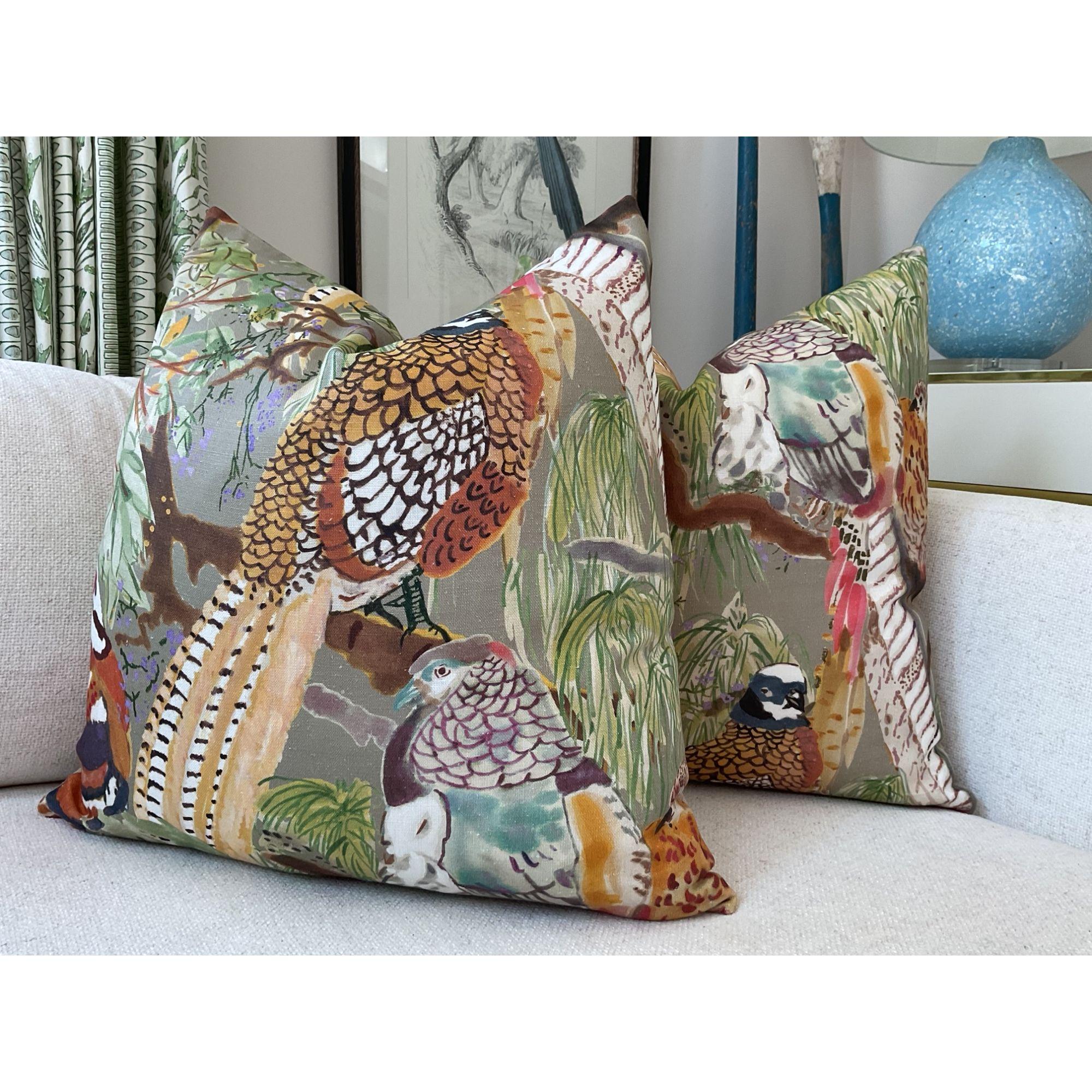 Linen Mulberry for Lee Jofa Game Birds in Multi and Stone Pillows- a Pair In New Condition For Sale In Winder, GA