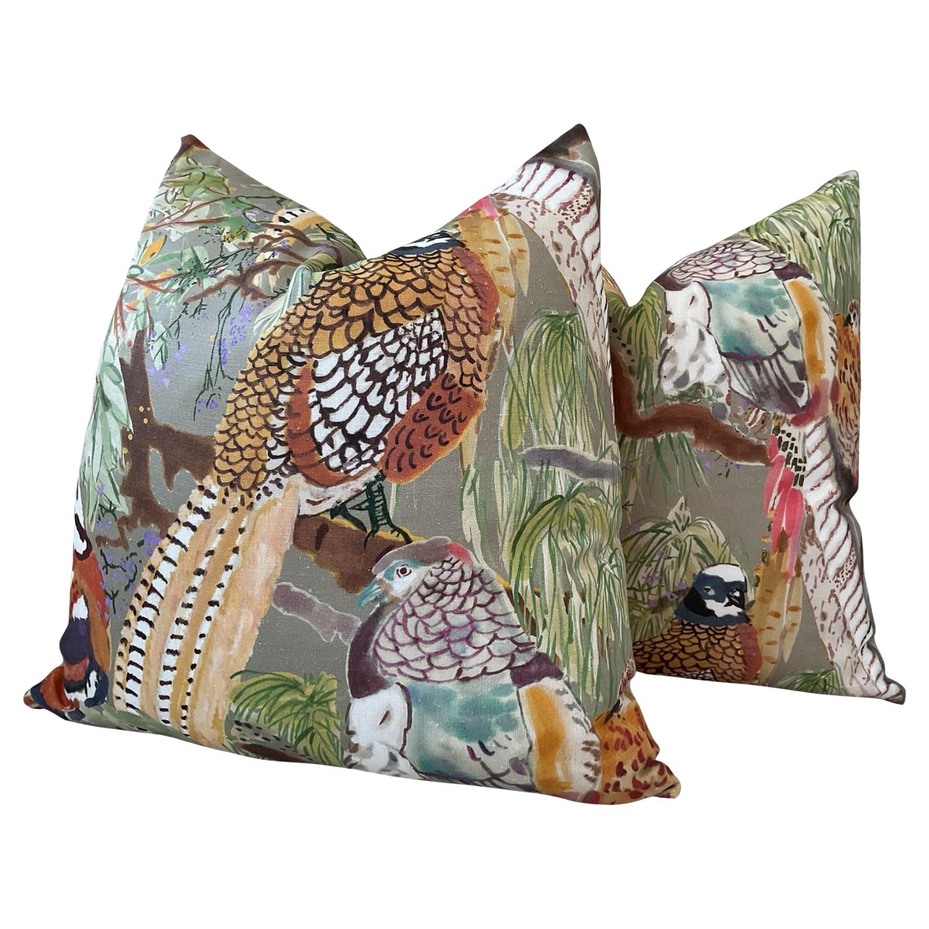 Linen Mulberry for Lee Jofa Game Birds in Multi and Stone Pillows- a Pair For Sale
