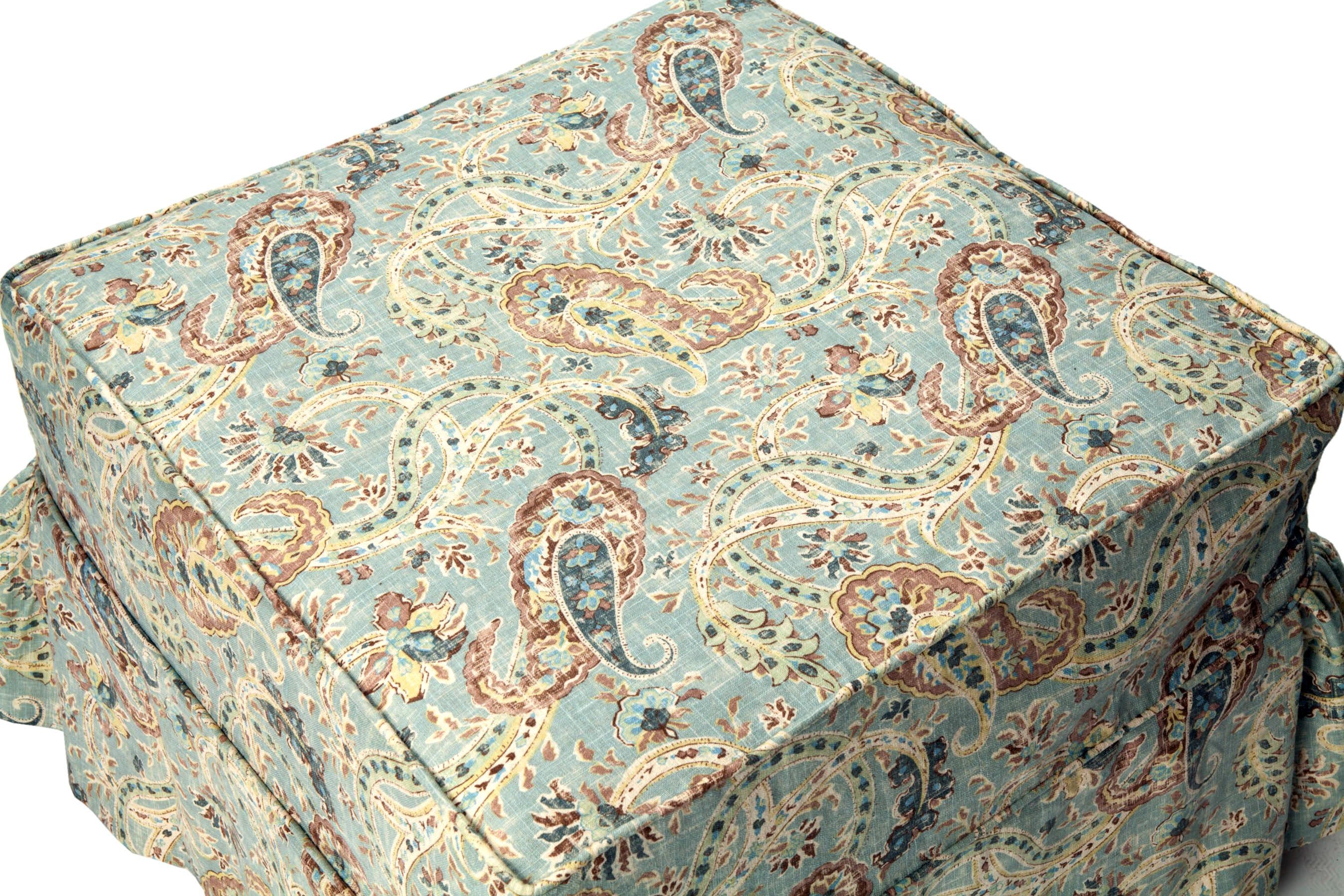 Machine-Made Linen Paisley Slipcovered Ottoman For Sale
