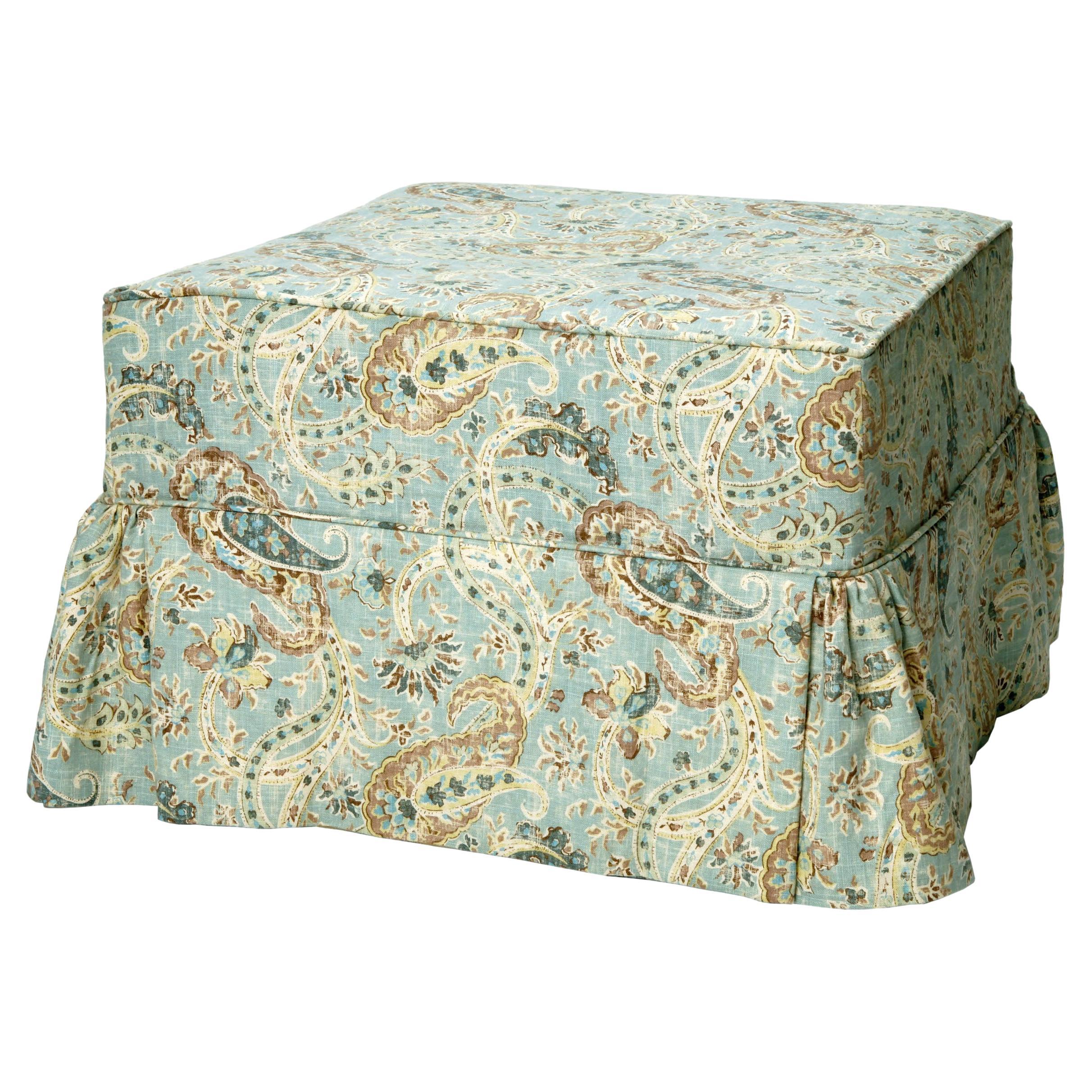 Linen Paisley Slipcovered Ottoman For Sale