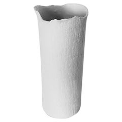 Linen Pattern White Fine Ceramic Handmade Vase, France, Contemporary