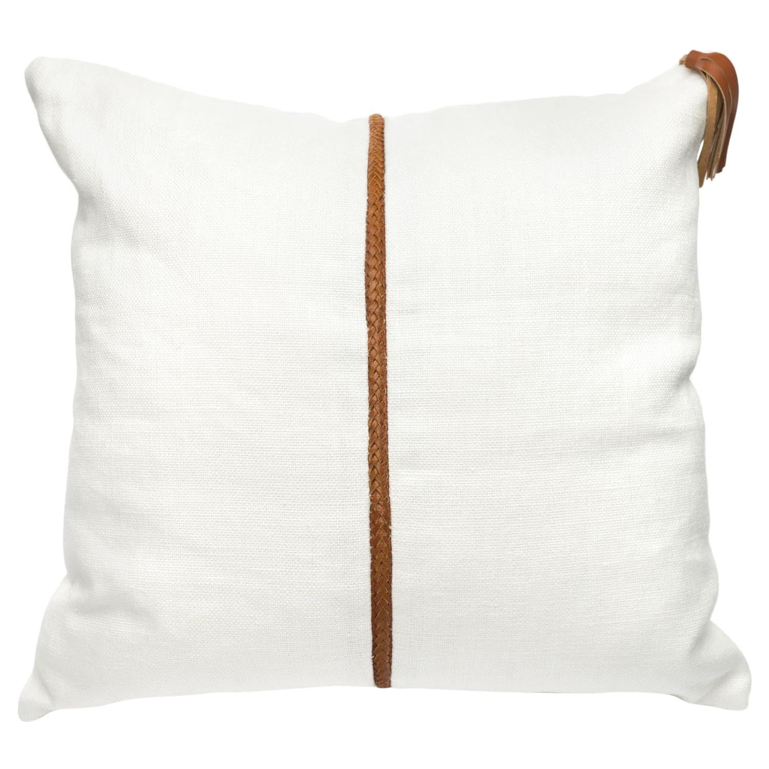 Linen Pillow with Leather Trimming and Tassel For Sale