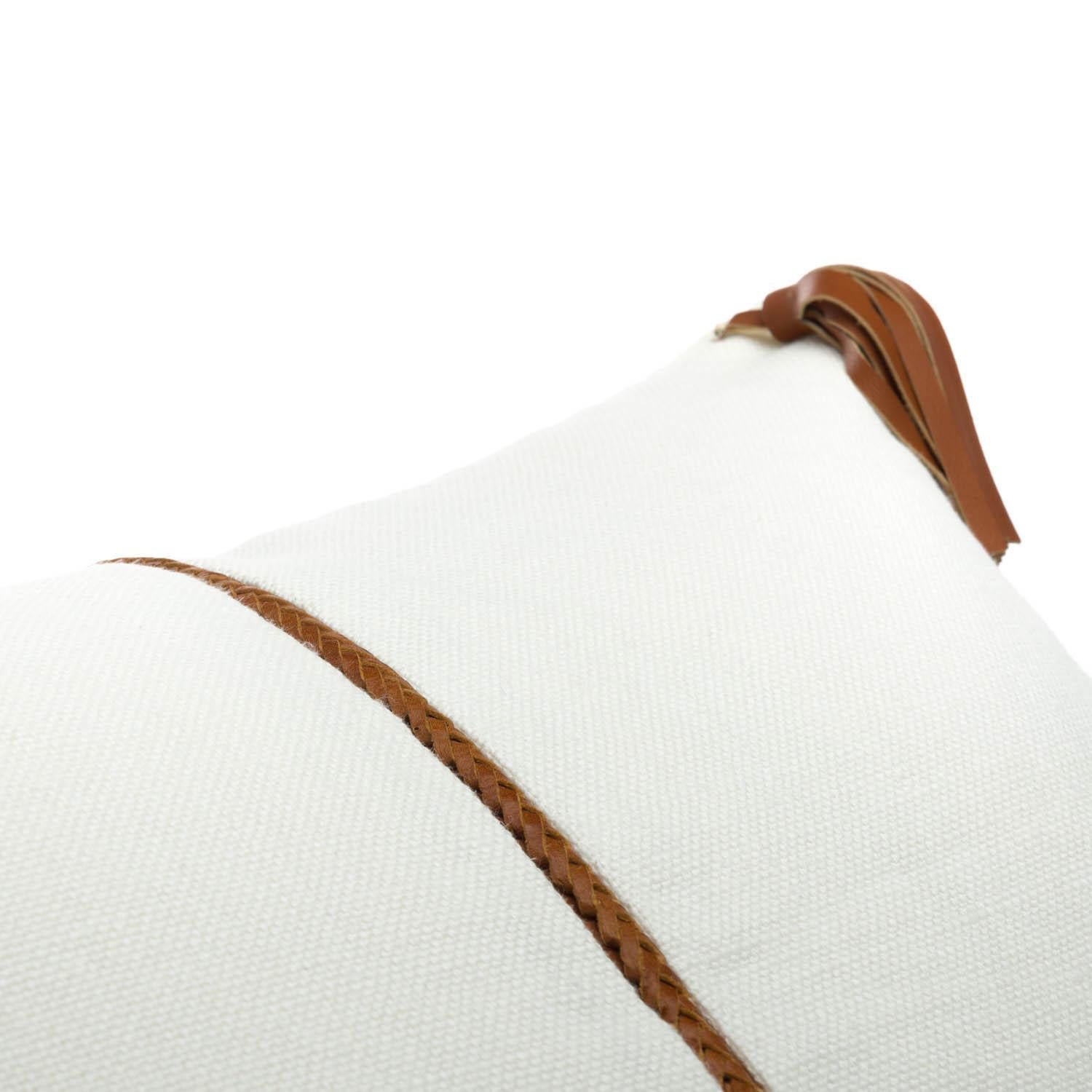 Modern Linen Pillow with Leather Trimming and Tassel For Sale