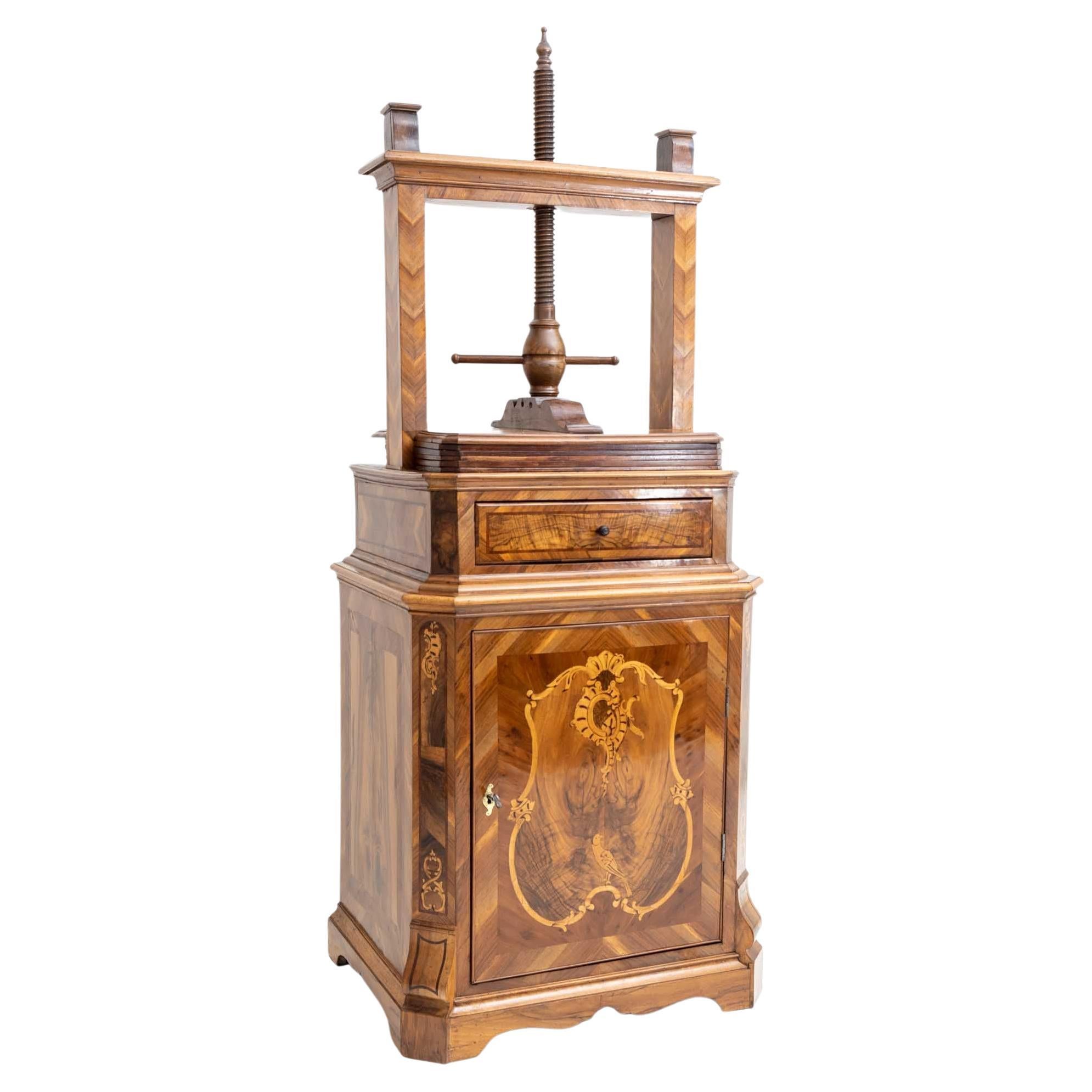 Linen Press with Spindle, Walnut with Inlays, 18th Century For Sale