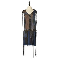 Linen printed sleeveless dress with leather fringes and embellishment FENDI