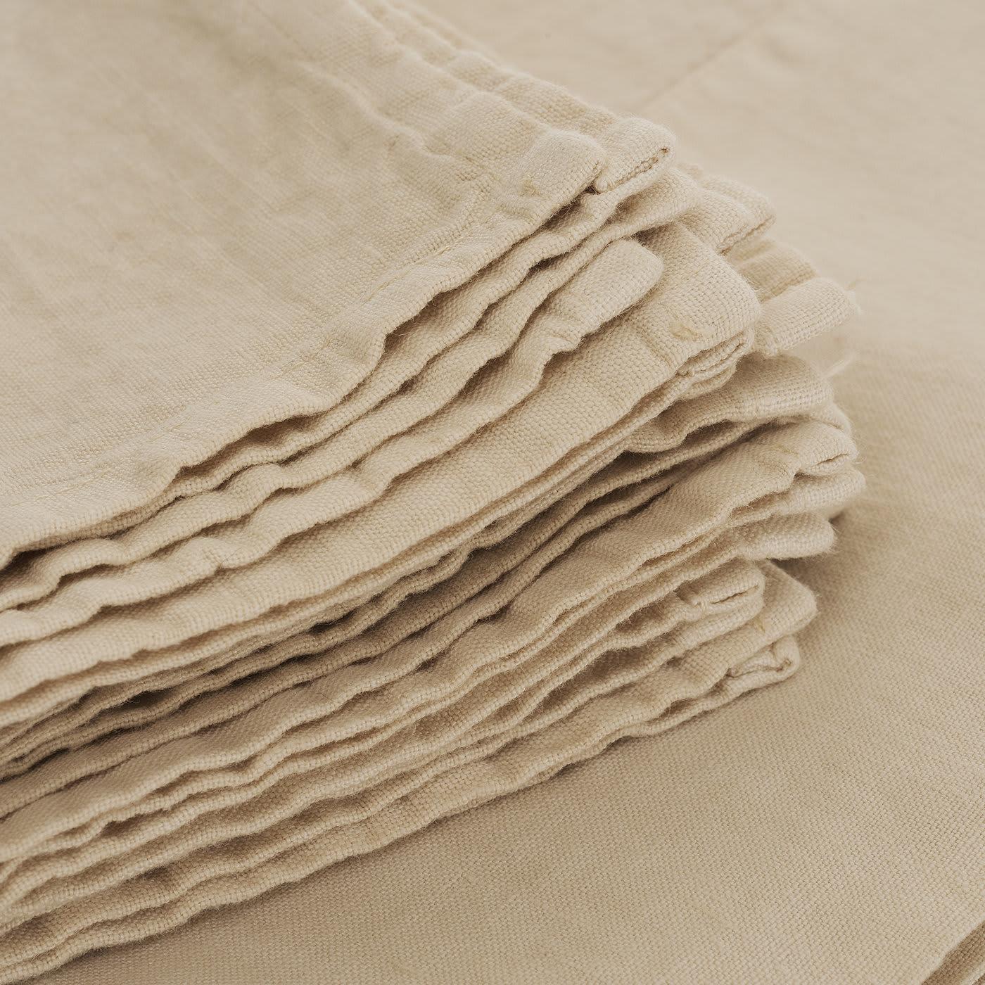 Timeless sophistication and the understated elegance of high-quality pieces distinguish this superb set of tablecloth and twelve napkins. Entirely made by hand, this set is in a delicate beige shade that will complement both a classic and a modern