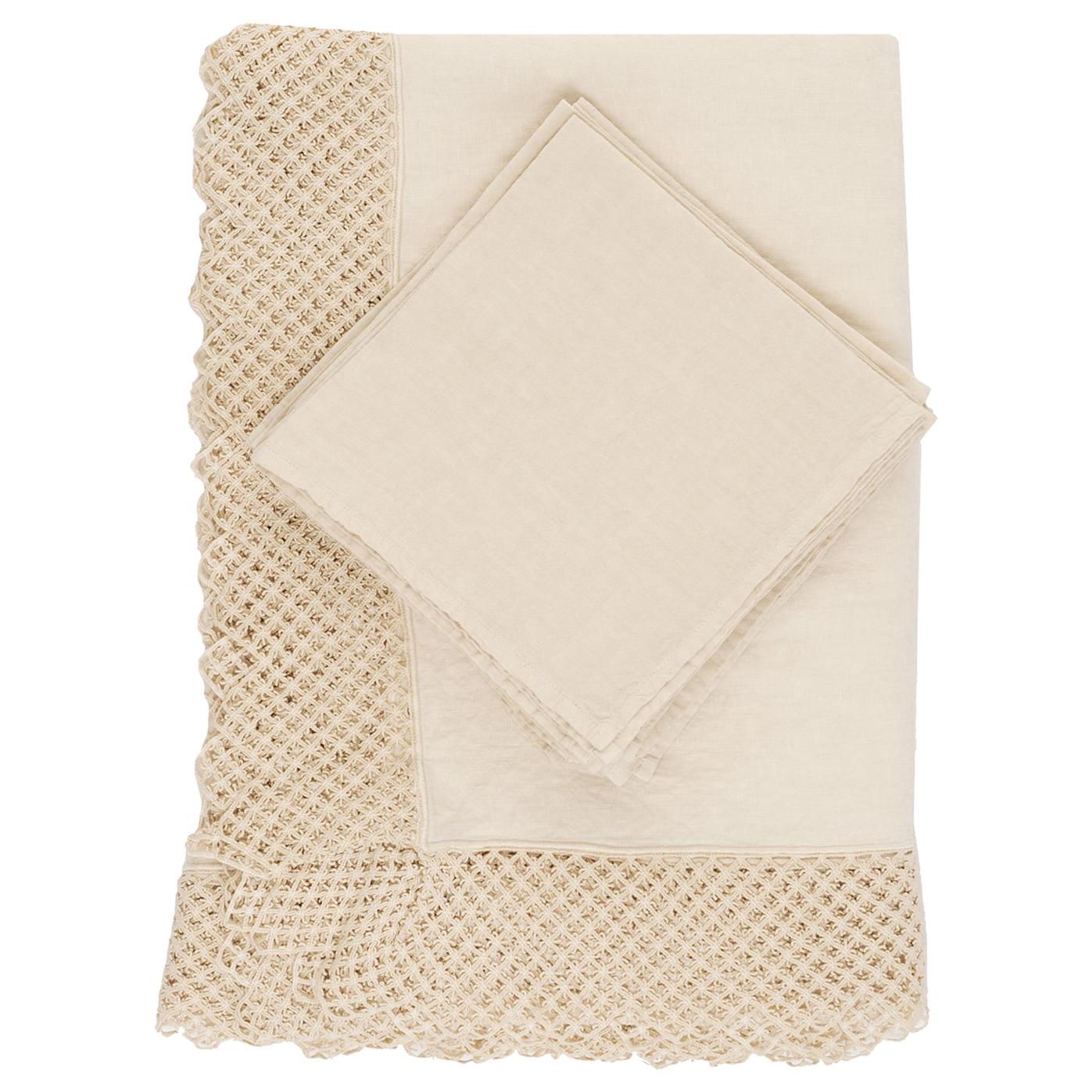 Linen Set of Tablecloth and 16 Napkins with Macramè by Once Milano For Sale