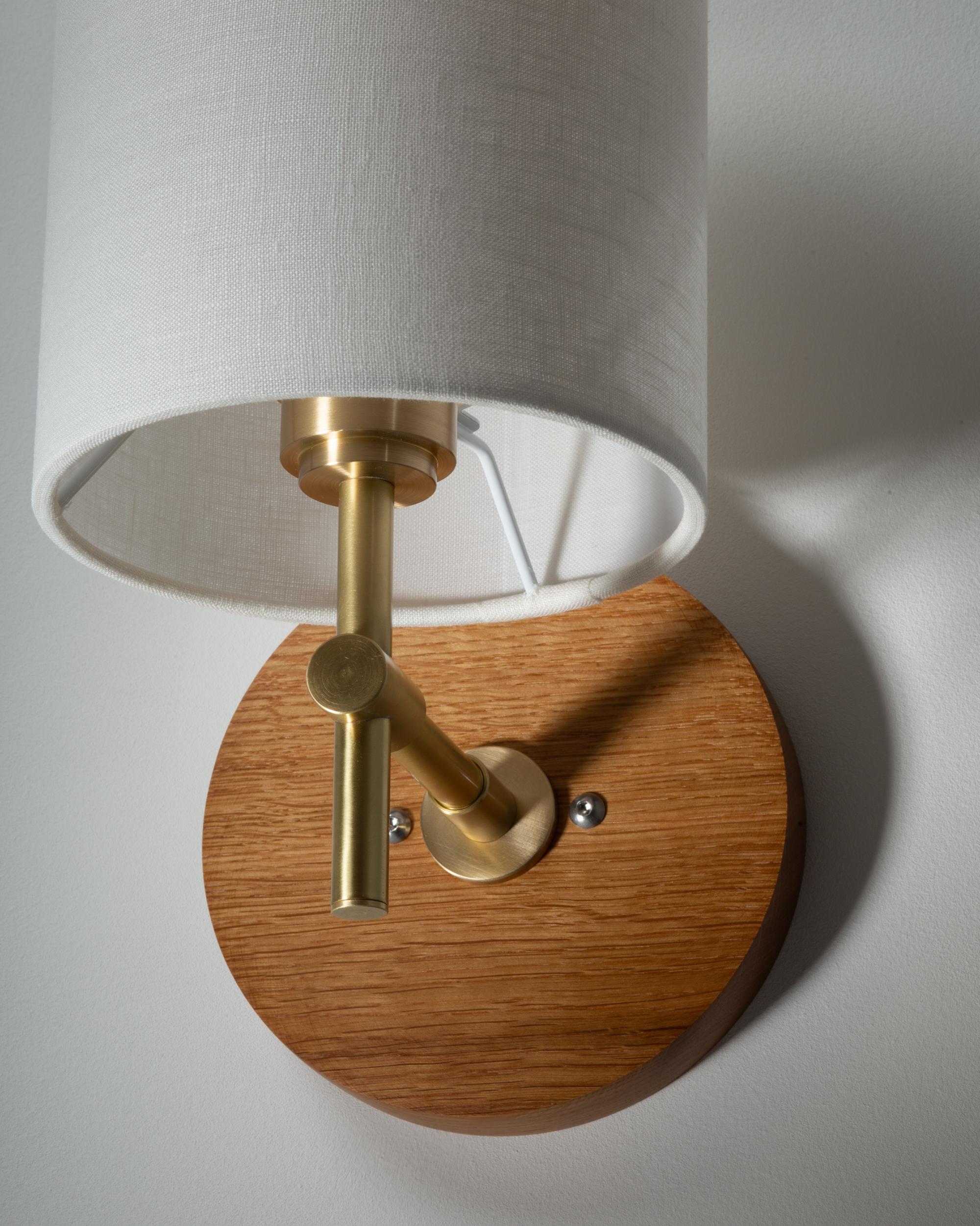 Linen Shade Oak Disc Wall Light Sconce by Lights of London For Sale 4