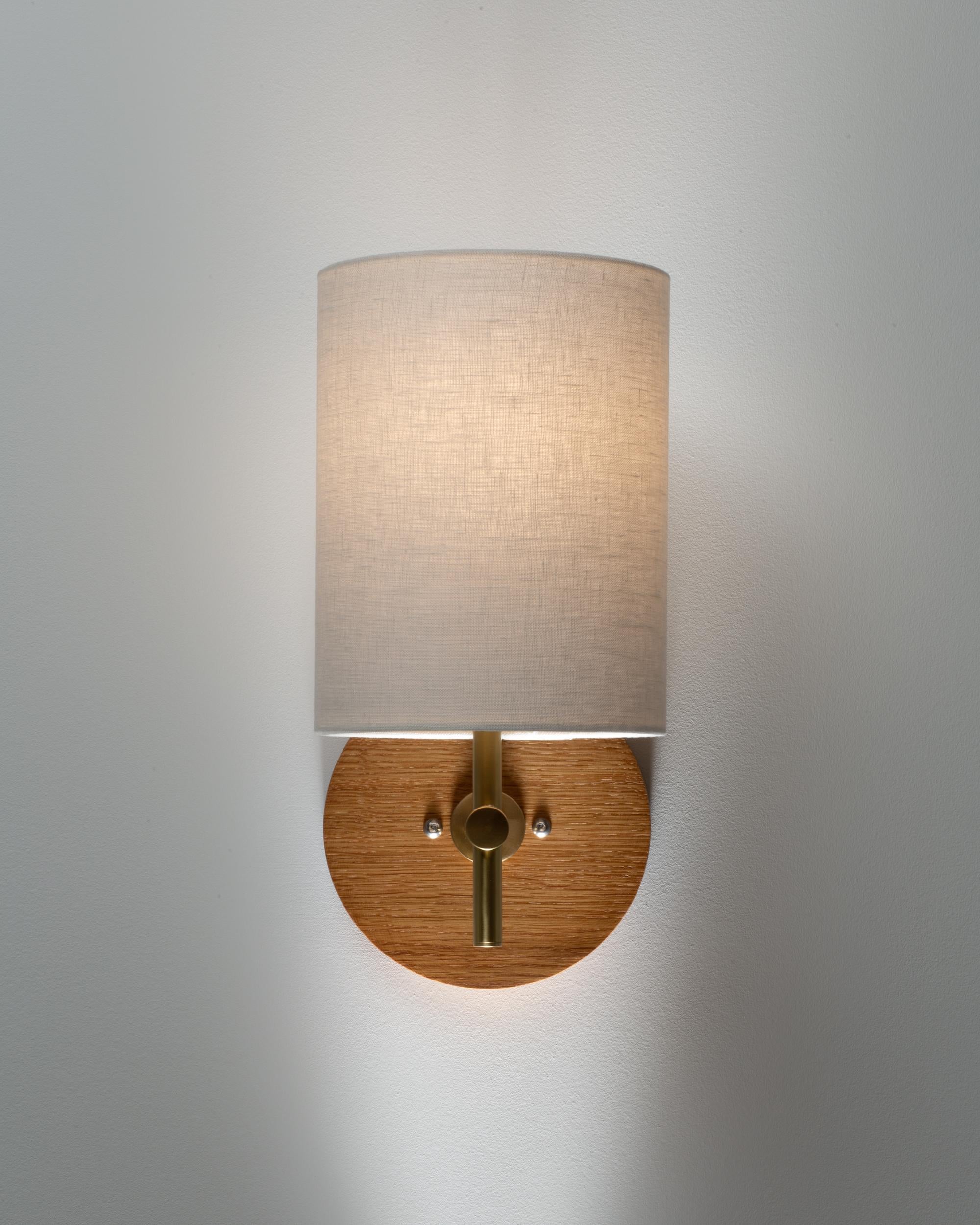 Linen Shade Oak Disc Wall Light Sconce by Lights of London For Sale 5