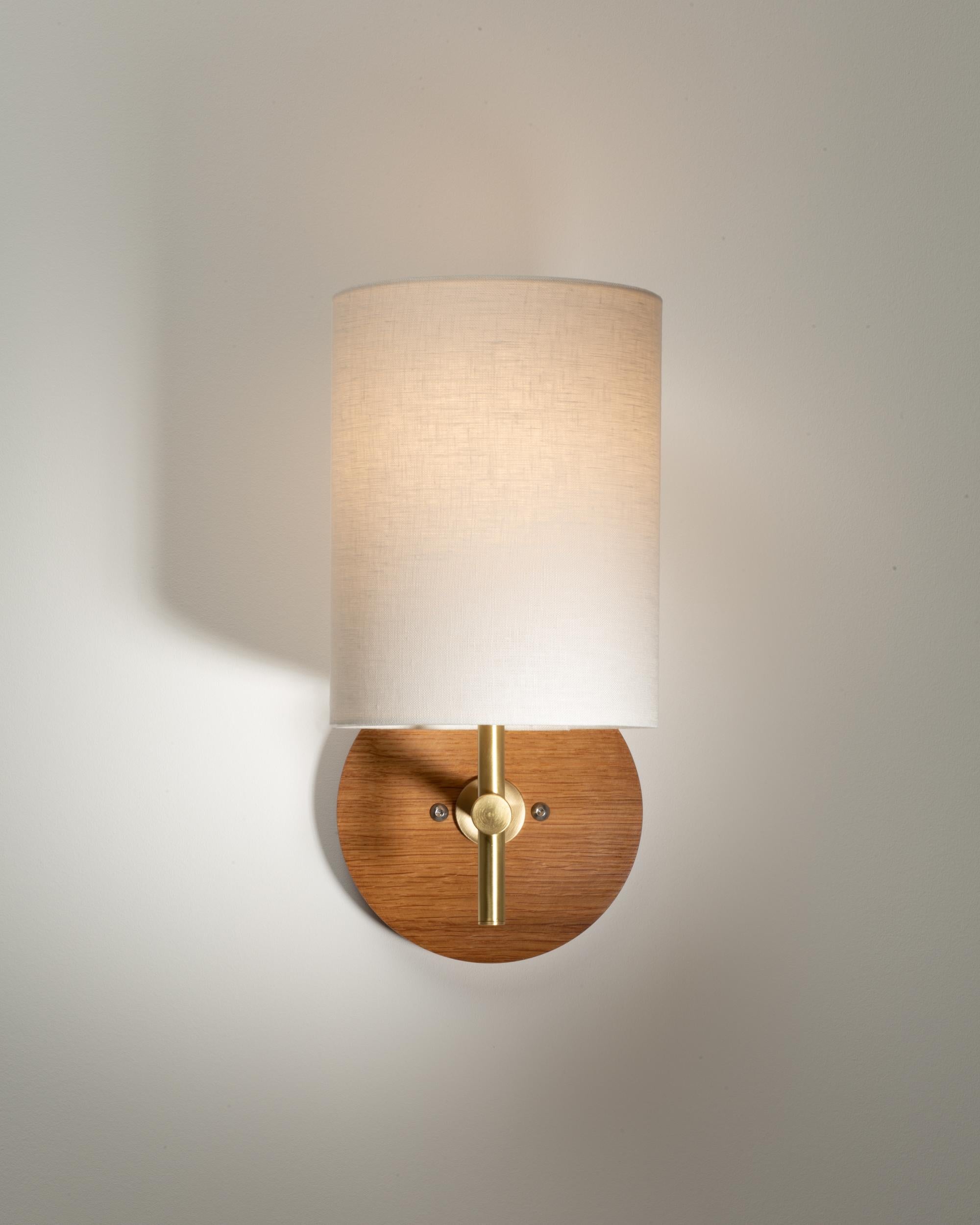 British Linen Shade Oak Disc Wall Light Sconce by Lights of London For Sale