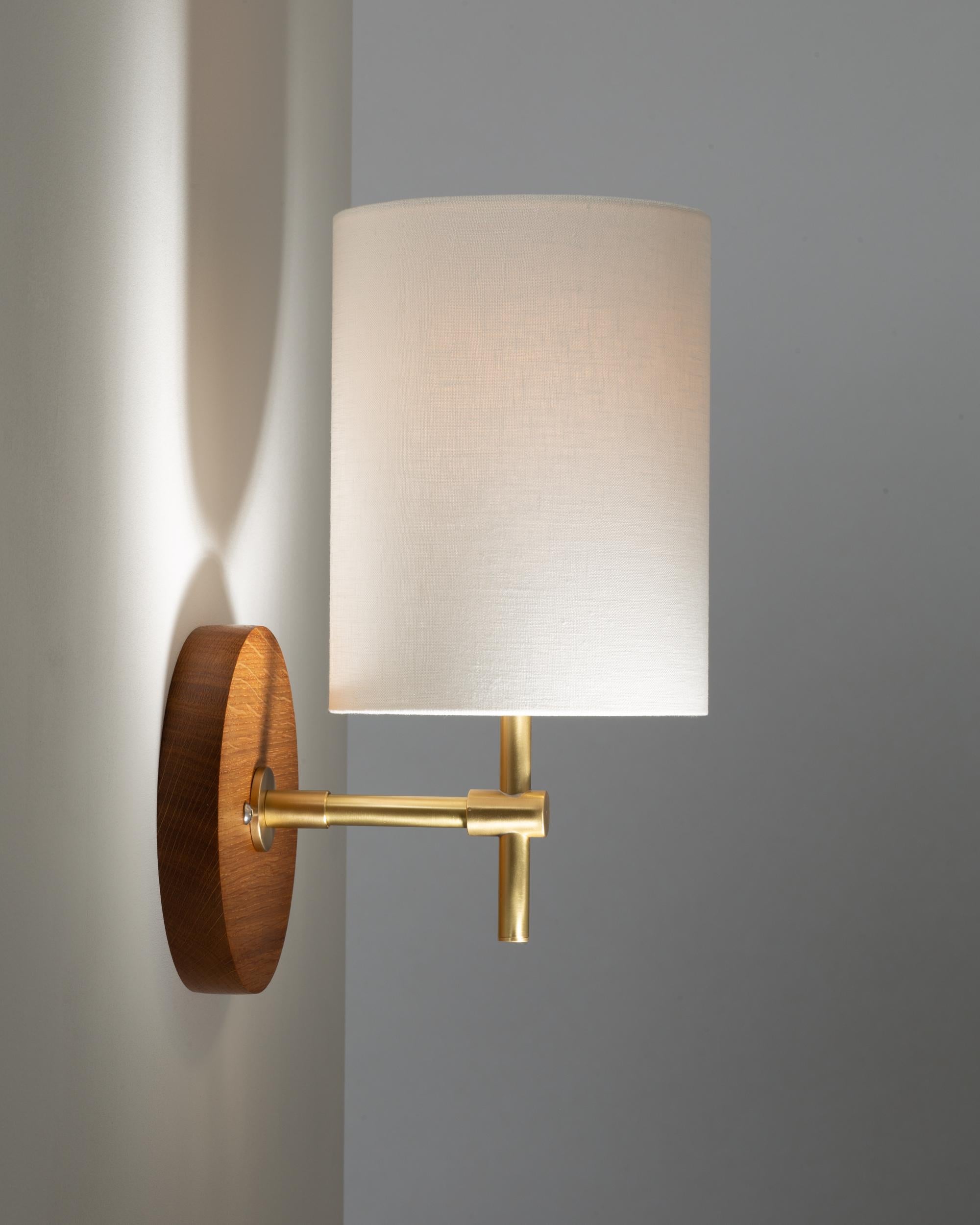 Hand-Crafted Linen Shade Oak Disc Wall Light Sconce by Lights of London For Sale