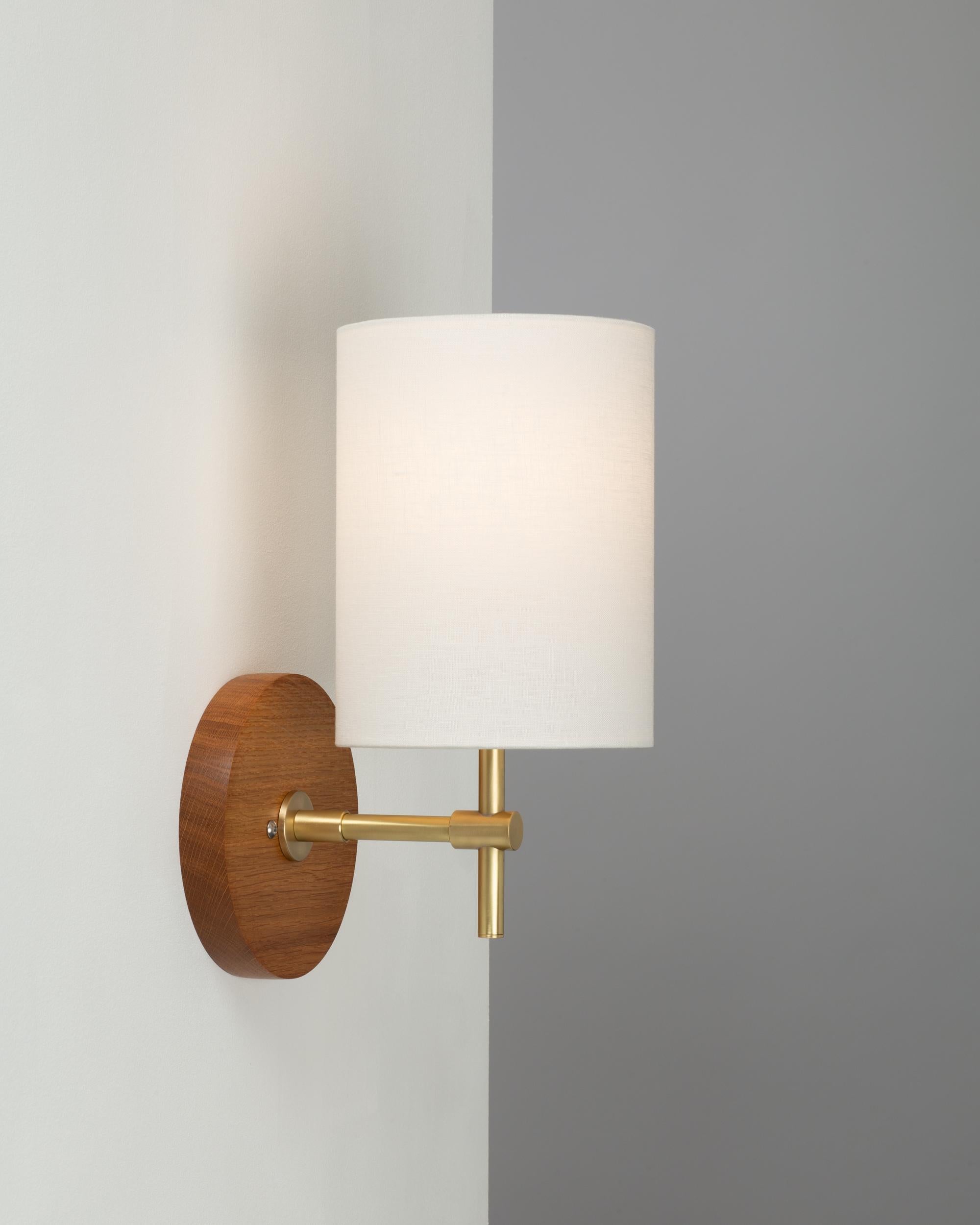 Contemporary Linen Shade Oak Disc Wall Light Sconce by Lights of London For Sale