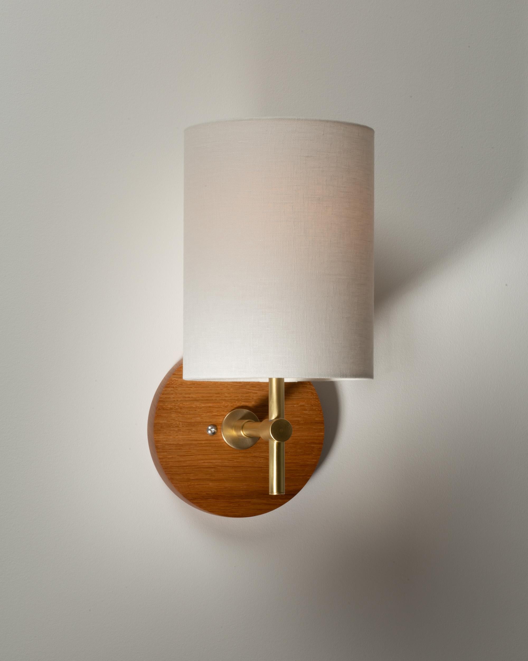 Linen Shade Oak Disc Wall Light Sconce by Lights of London For Sale 2