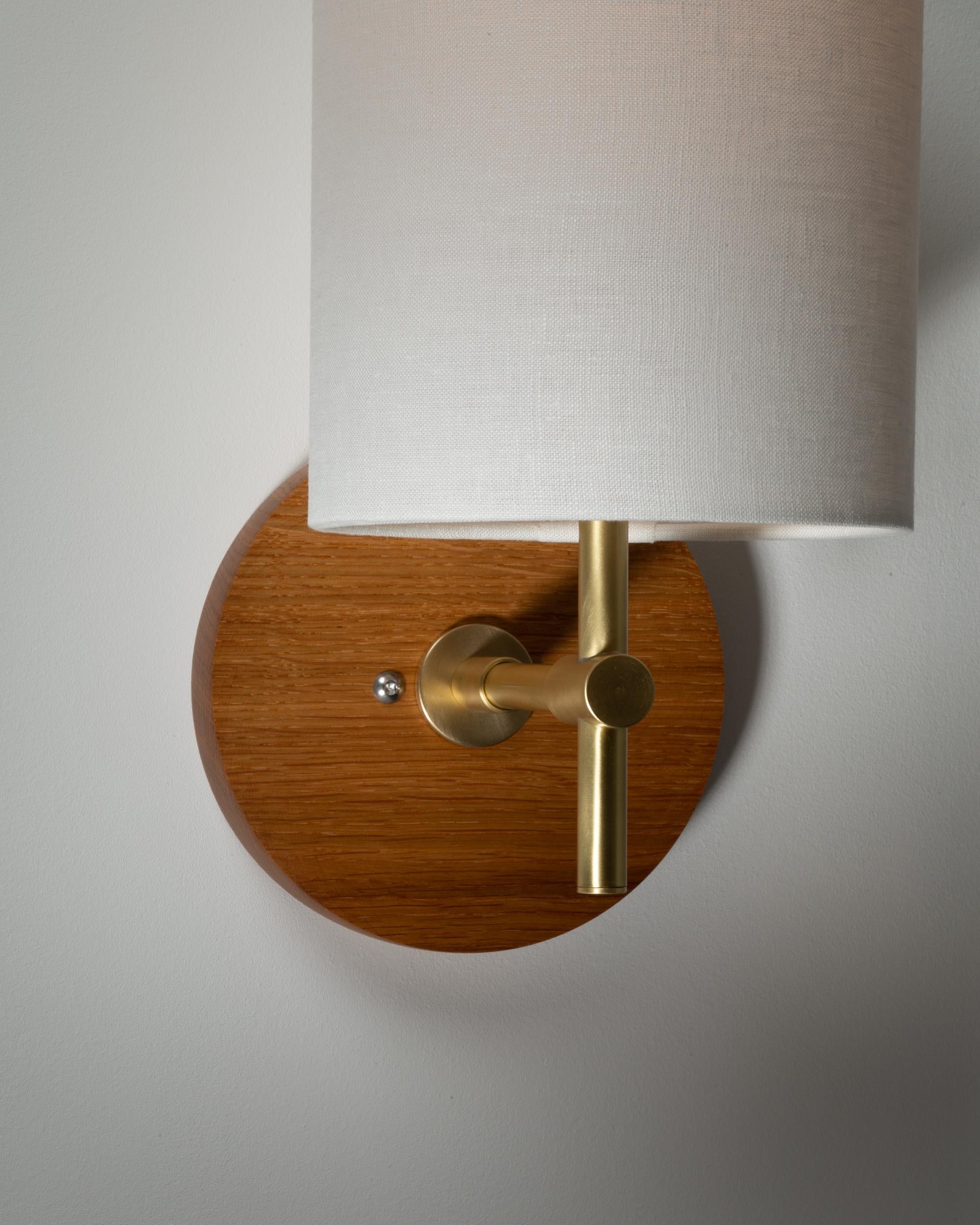 Linen Shade Oak Disc Wall Light Sconce by Lights of London For Sale 3