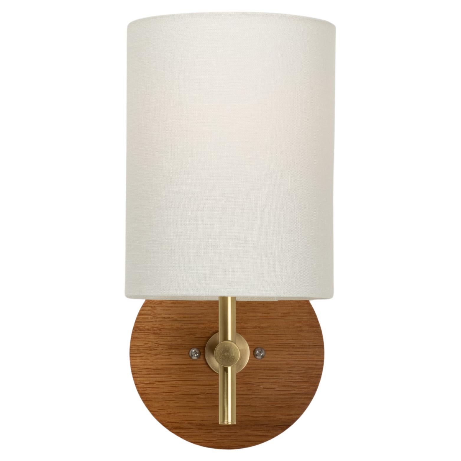 Linen Shade Oak Disc Wall Light Sconce by Lights of London For Sale