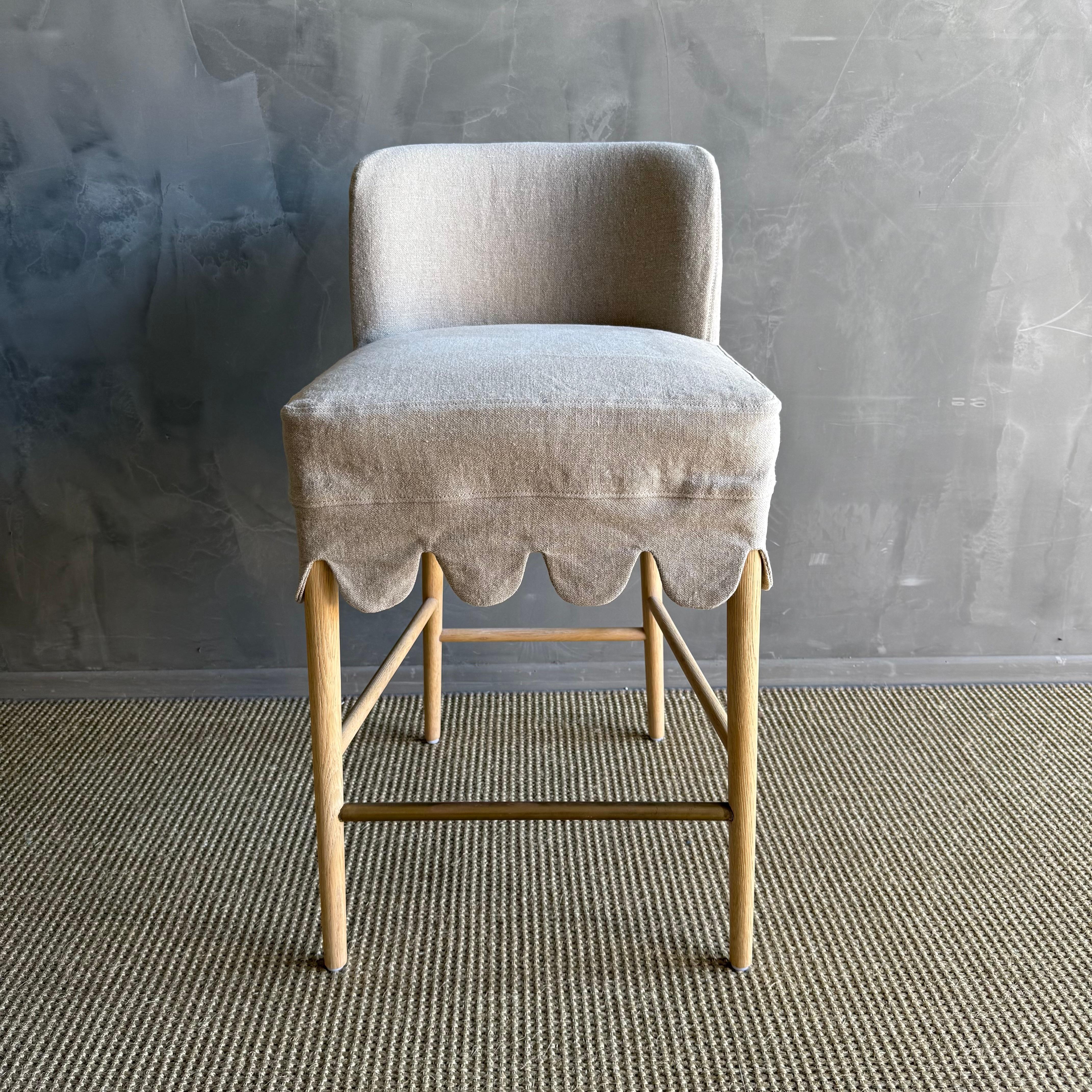 Linen Slip Covered Counter Height Stools with Solid White Oak Legs & Brass Foot For Sale 5