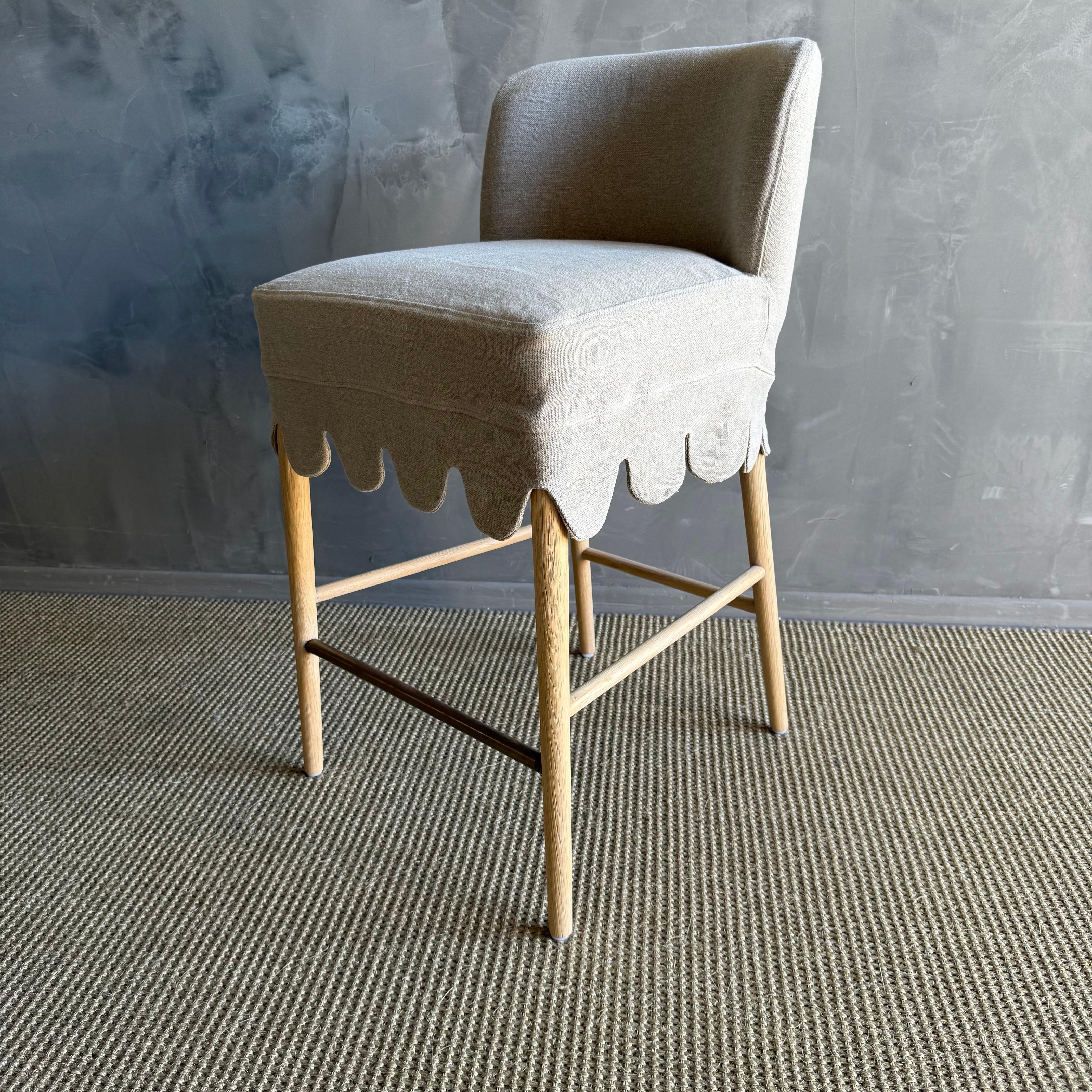 Linen Slip Covered Counter Height Stools with Solid White Oak Legs & Brass Foot For Sale 6