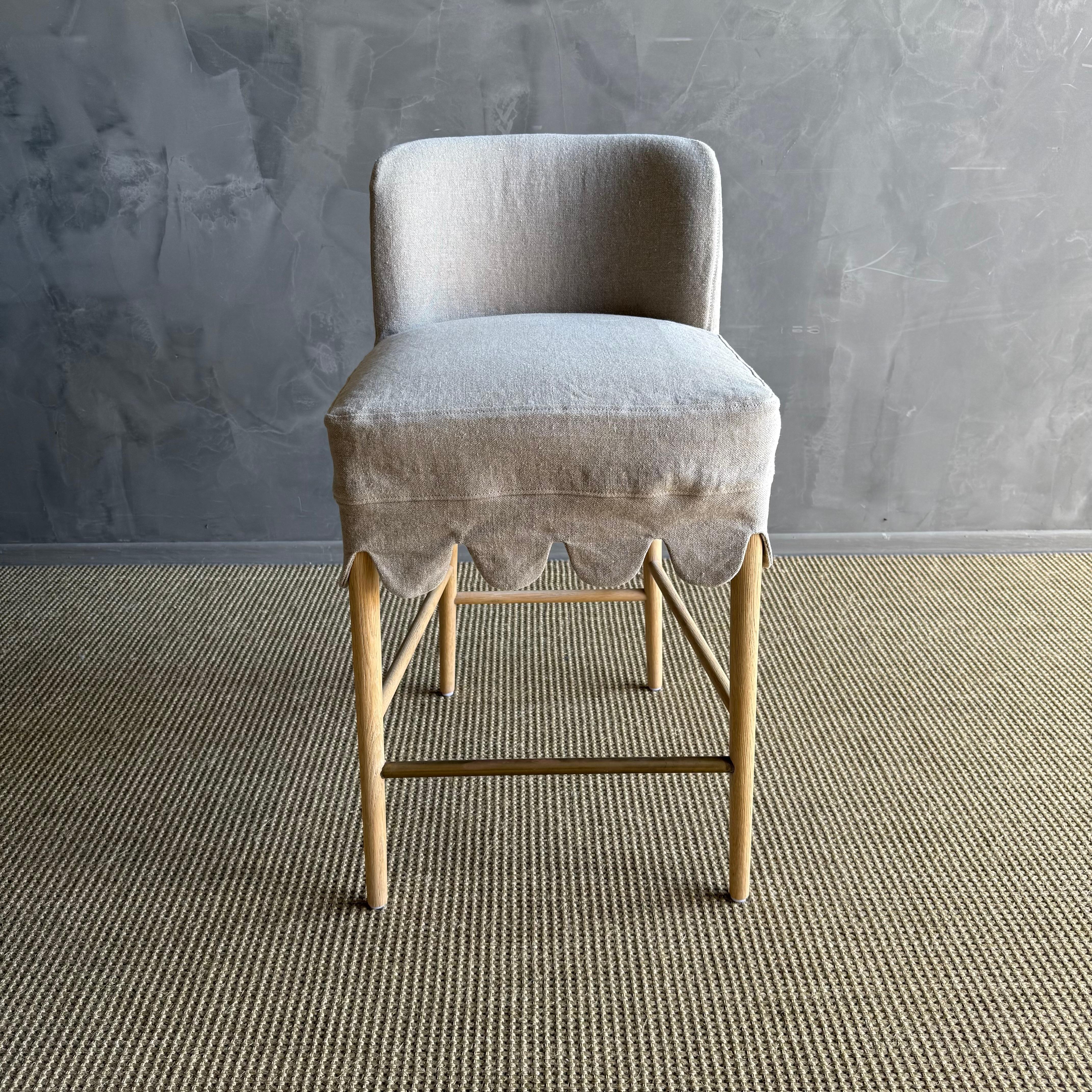 Organic Modern Linen Slip Covered Counter Height Stools with Solid White Oak Legs & Brass Foot For Sale