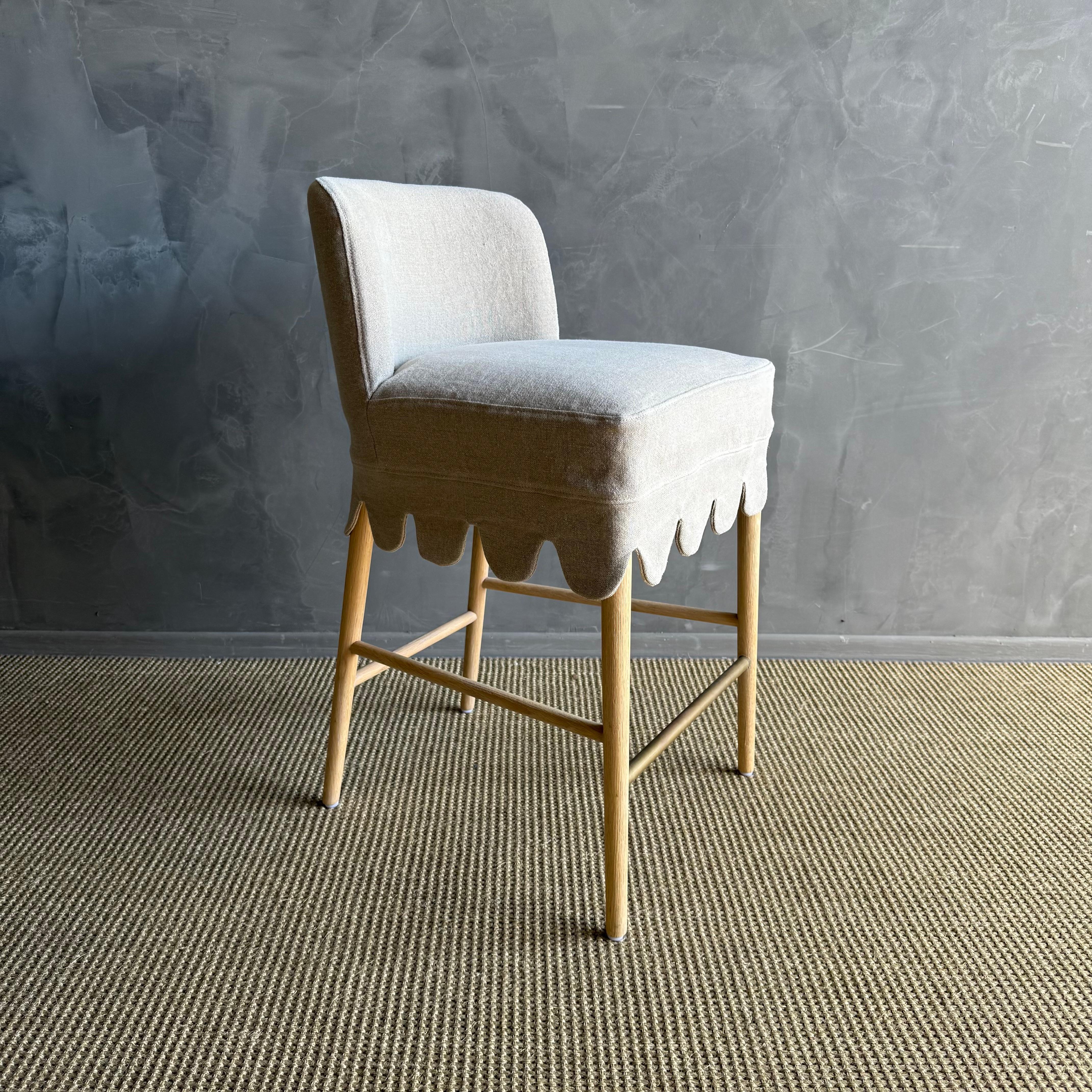 Contemporary Linen Slip Covered Counter Height Stools with Solid White Oak Legs & Brass Foot For Sale