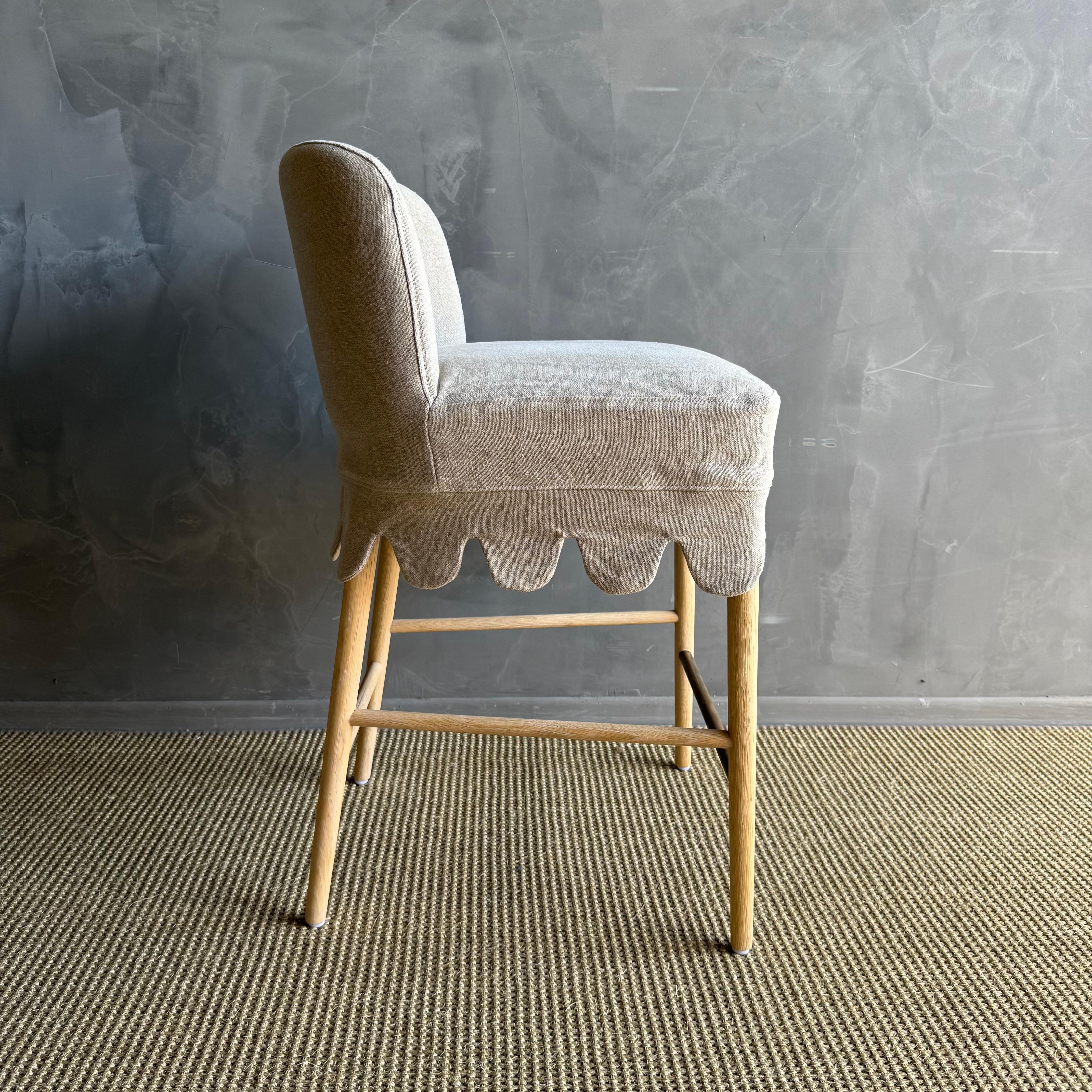 Linen Slip Covered Counter Height Stools with Solid White Oak Legs & Brass Foot For Sale 1