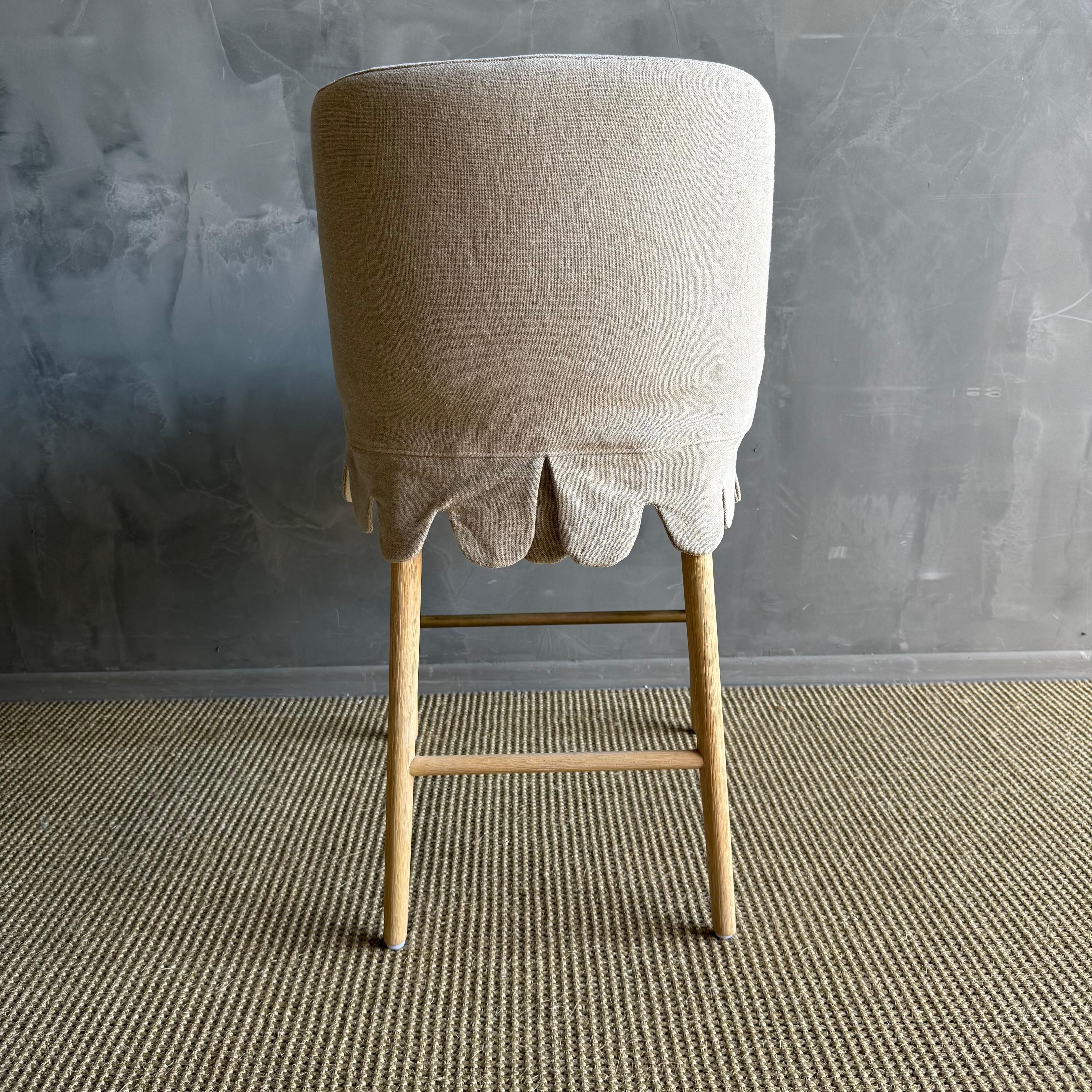 Linen Slip Covered Counter Height Stools with Solid White Oak Legs & Brass Foot For Sale 2