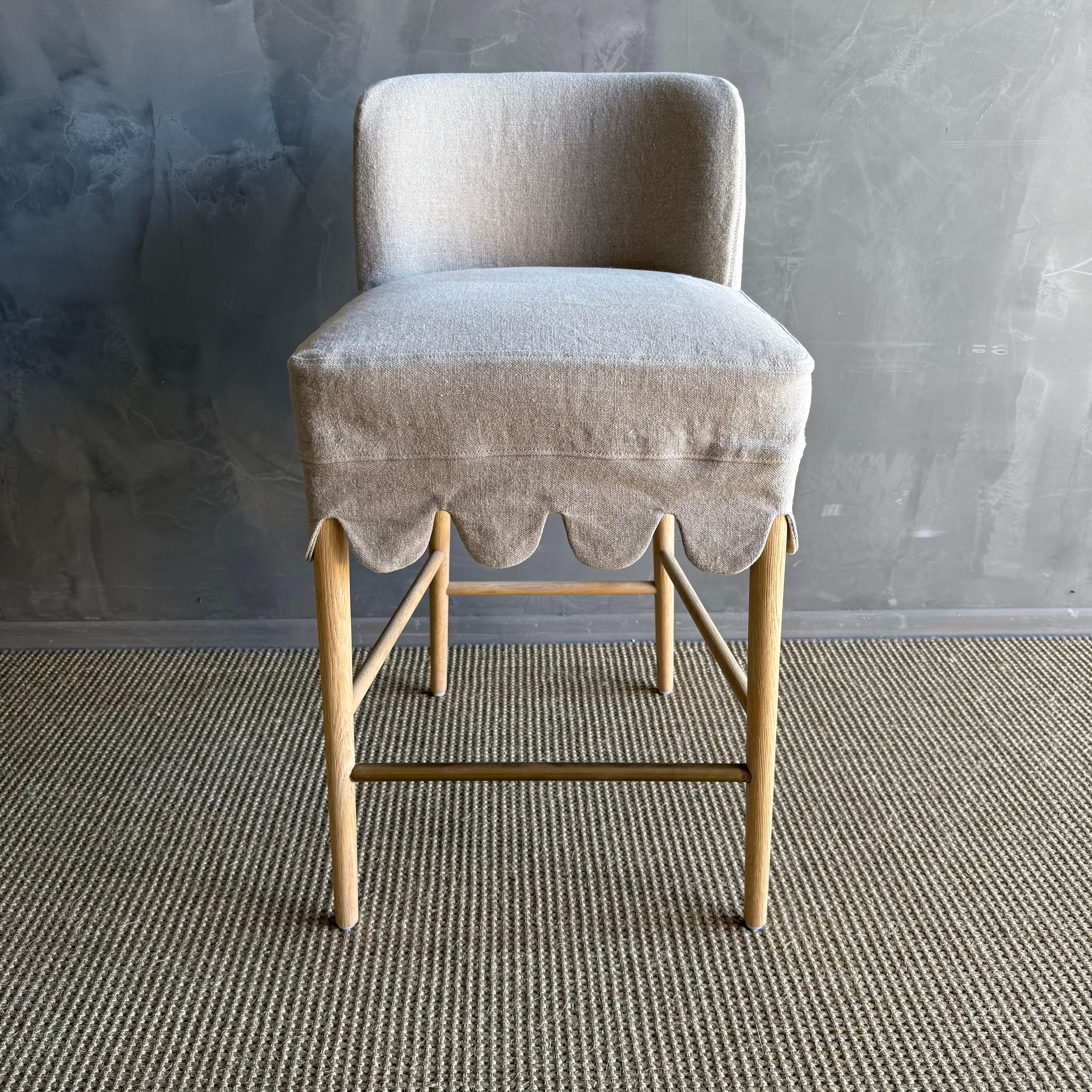 Linen Slip Covered Counter Height Stools with Solid White Oak Legs & Brass Foot For Sale 4