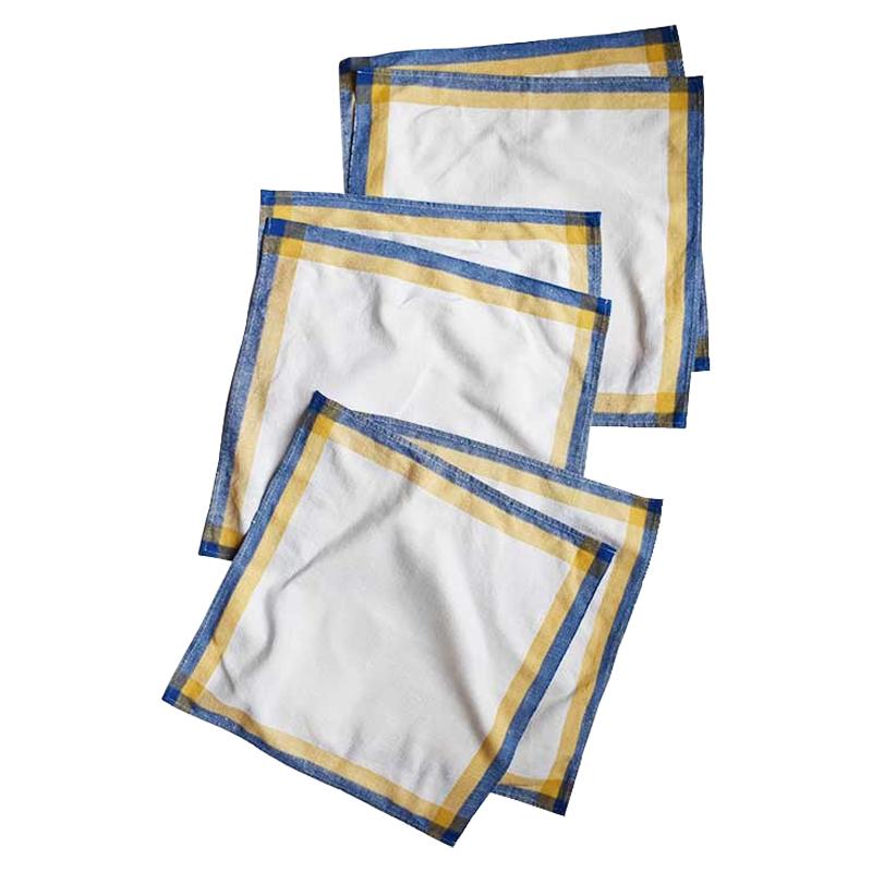 Linen Square Cloth Dinner Napkin Set in Blue Yellow and Cream, Set of 6 For Sale