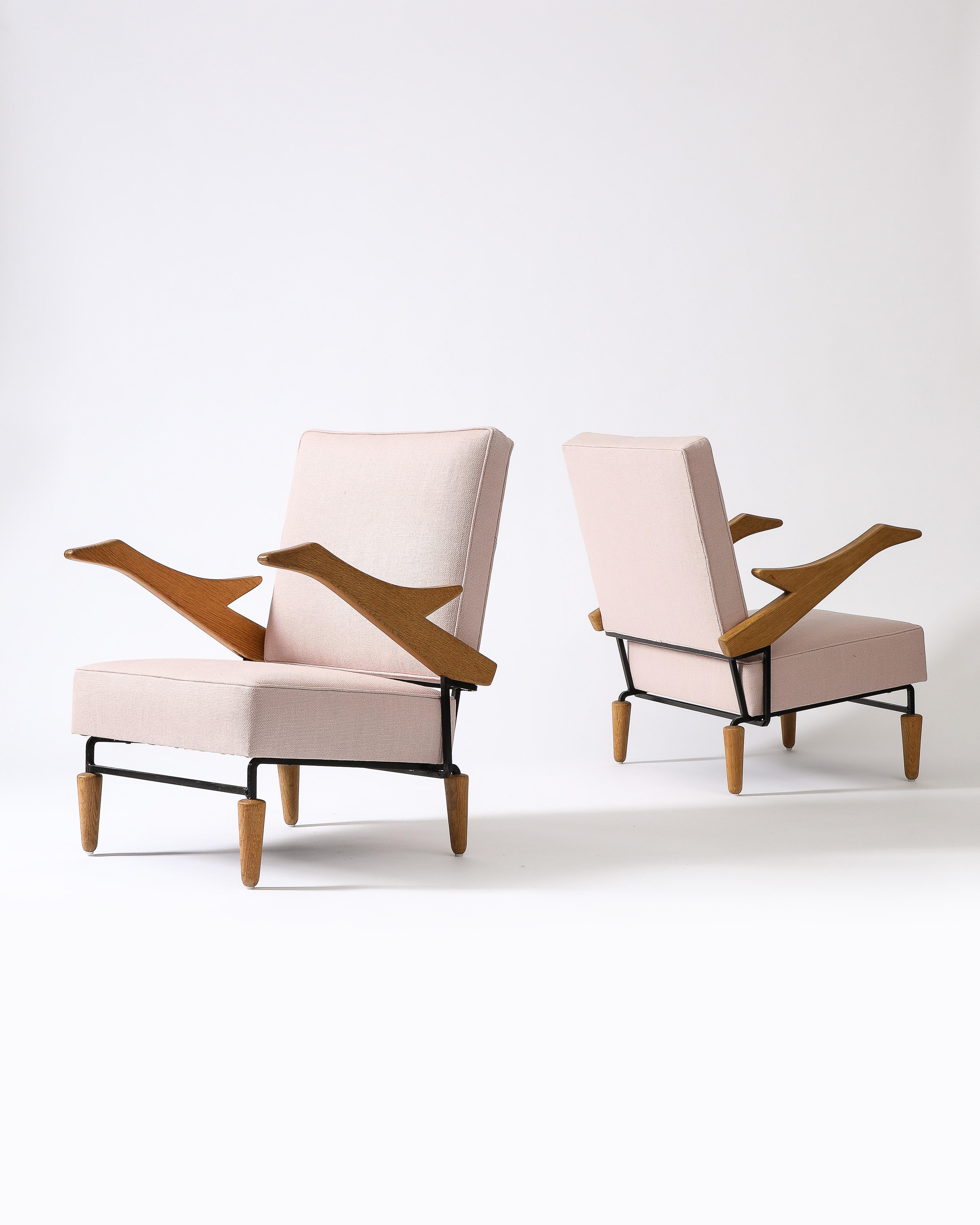 Linen, Steel, and Oak Lounge Chair, France, c. 1960 5