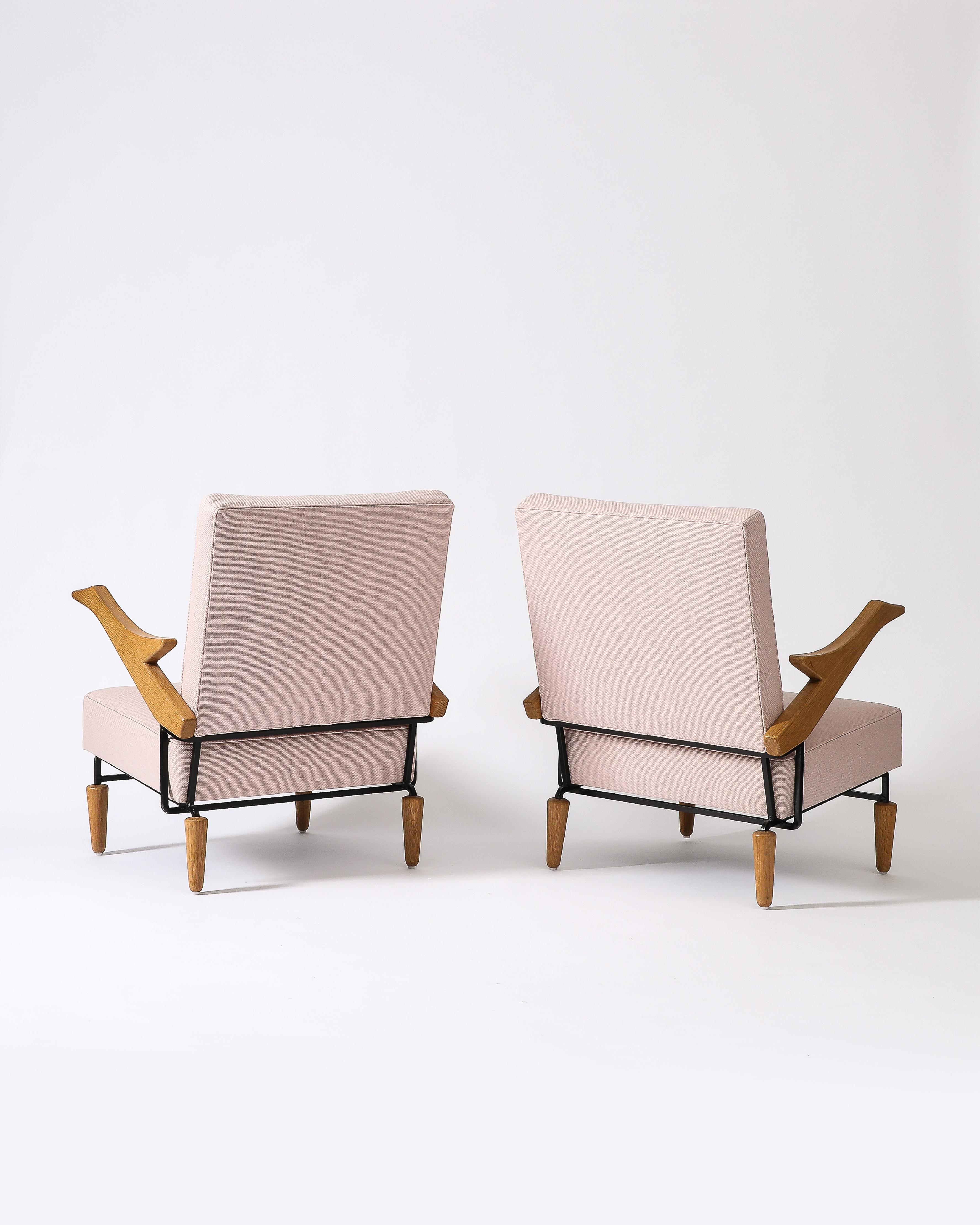 Linen, Steel, and Oak Lounge Chair, France, c. 1960 6