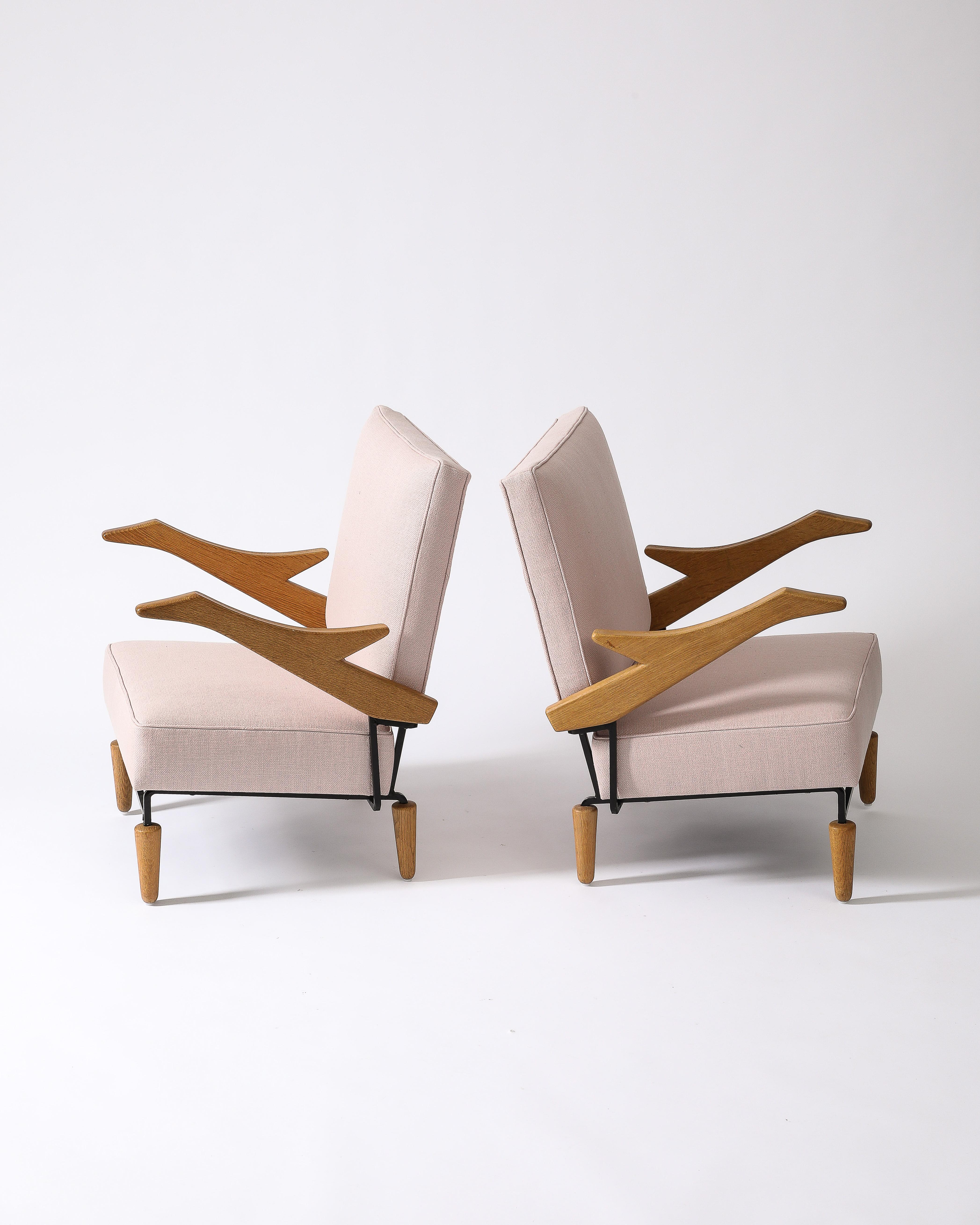 Linen, Steel, and Oak Lounge Chair, France, c. 1960 7