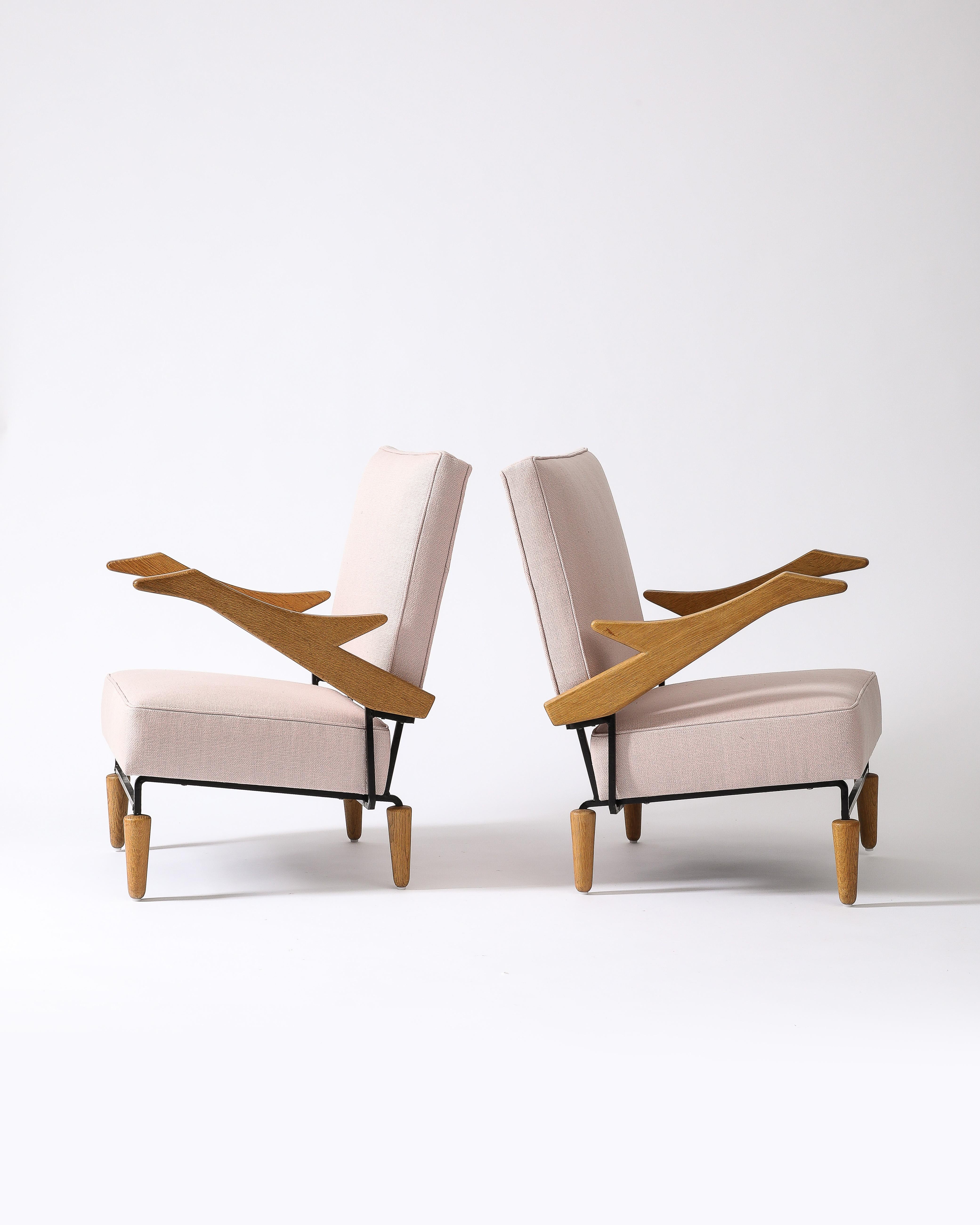 Linen, Steel, and Oak Lounge Chair, France, c. 1960 8