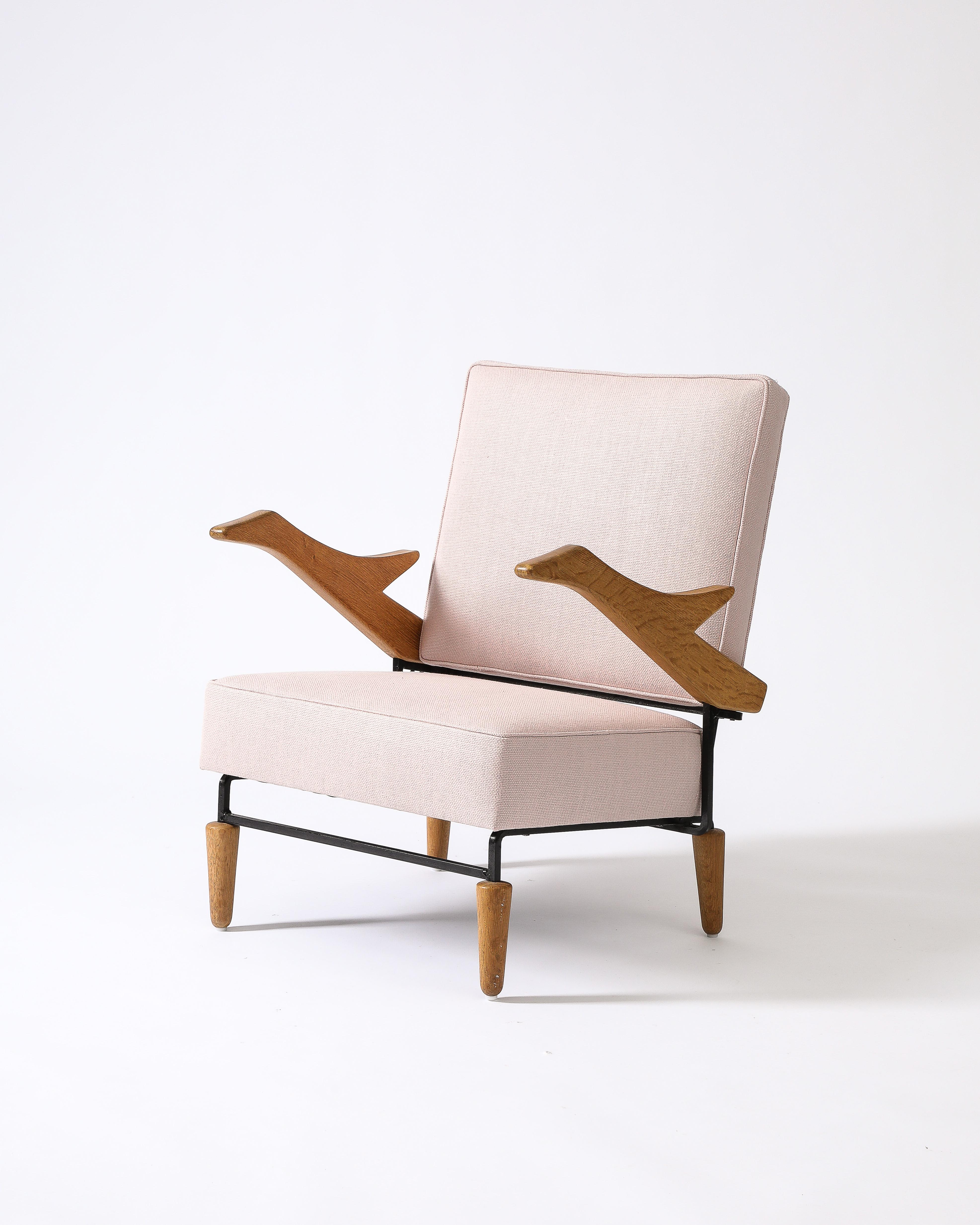 Linen, Steel, and Oak Lounge Chair, France, c. 1960 9