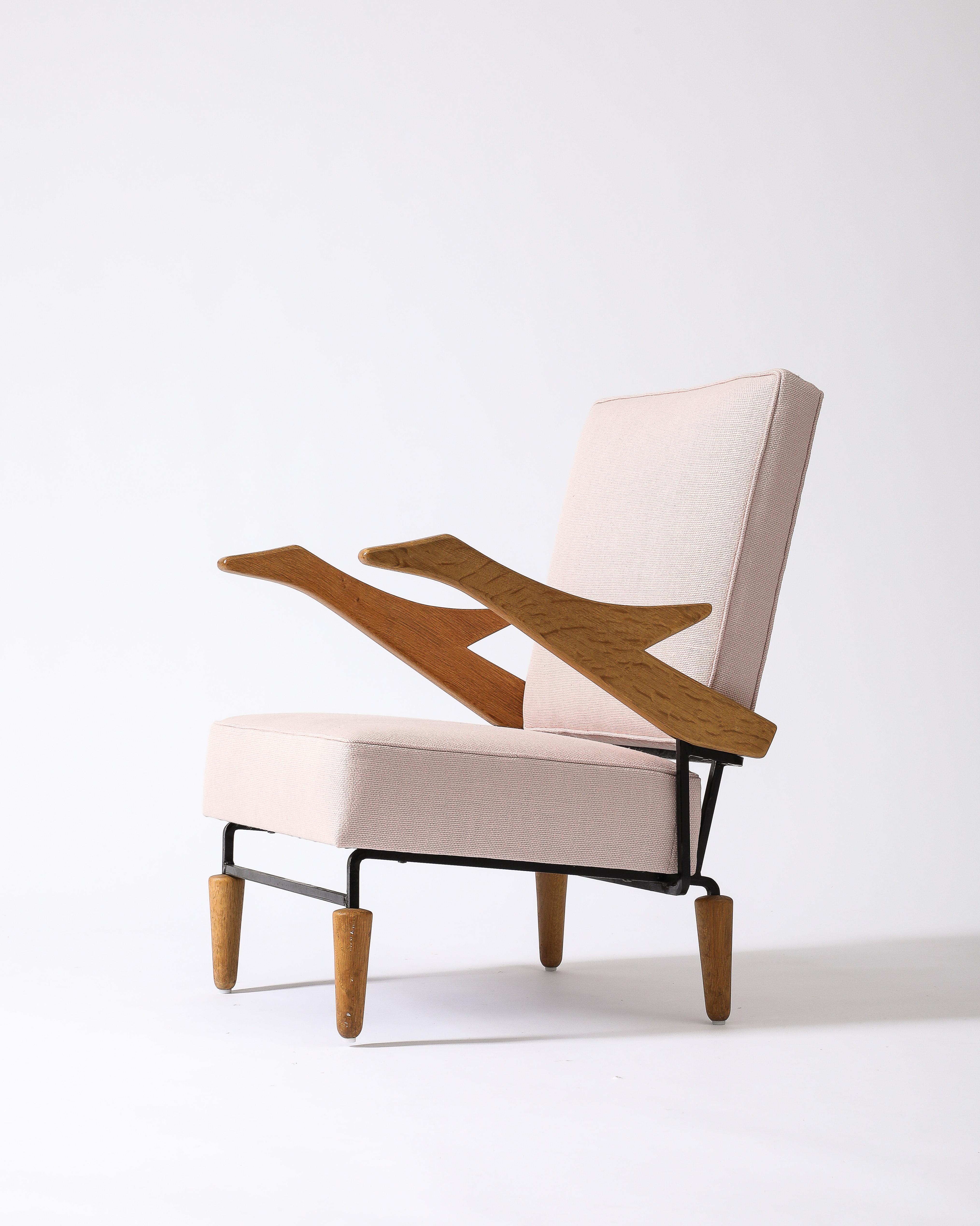 Linen, Steel, and Oak Lounge Chair, France, c. 1960 10