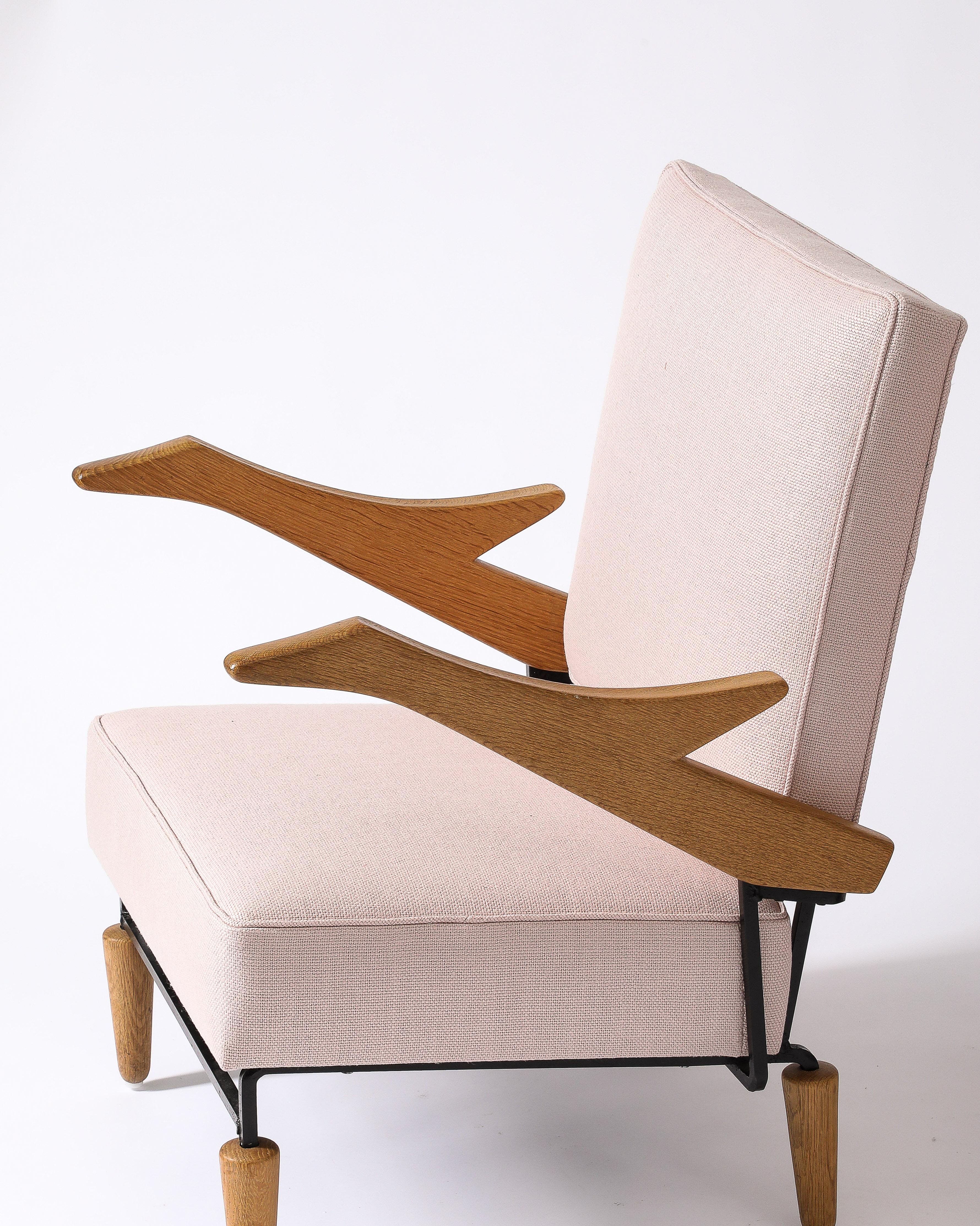 Linen, Steel, and Oak Lounge Chair, France, c. 1960 11