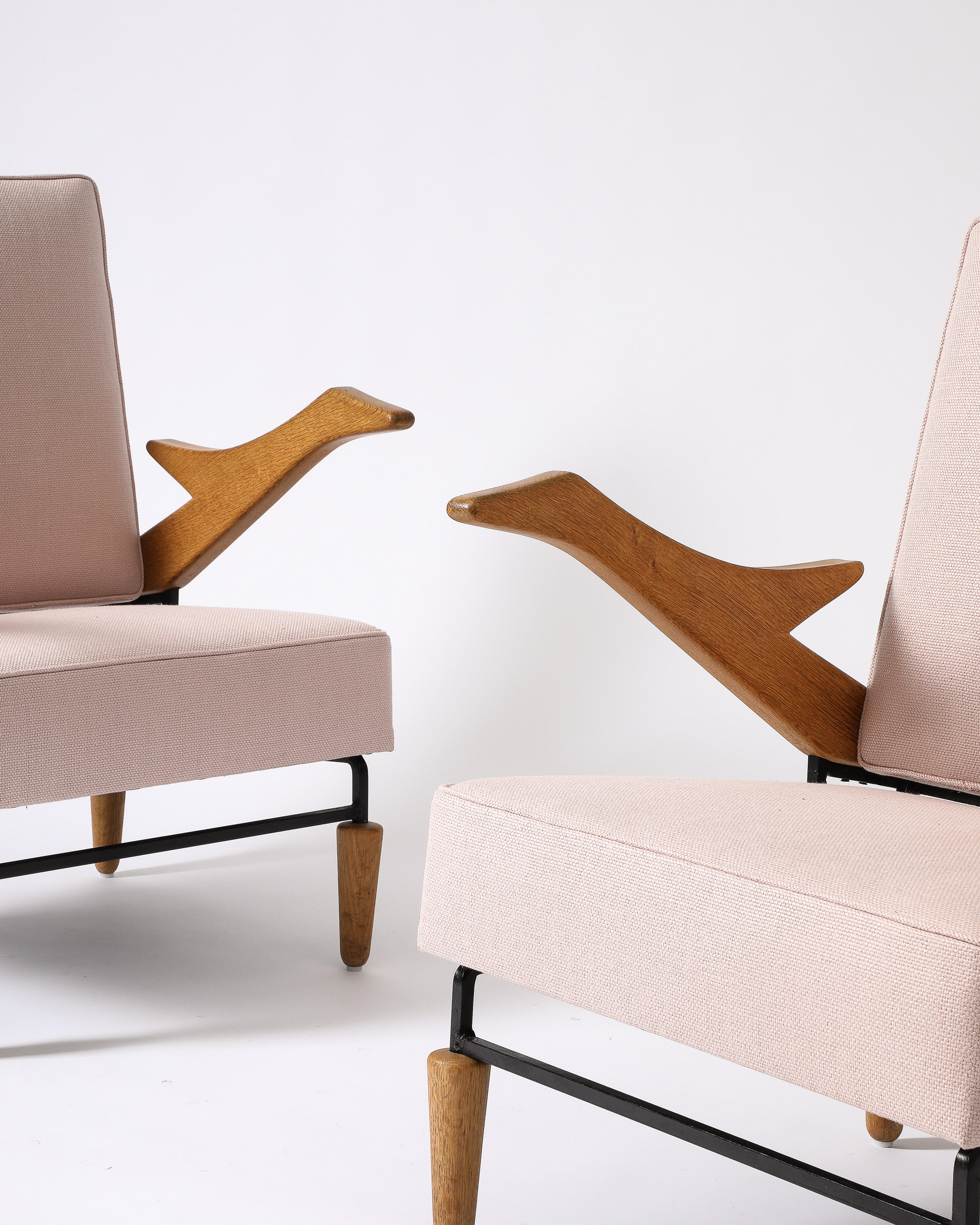 Linen, Steel, and Oak Lounge Chair, France, c. 1960 12