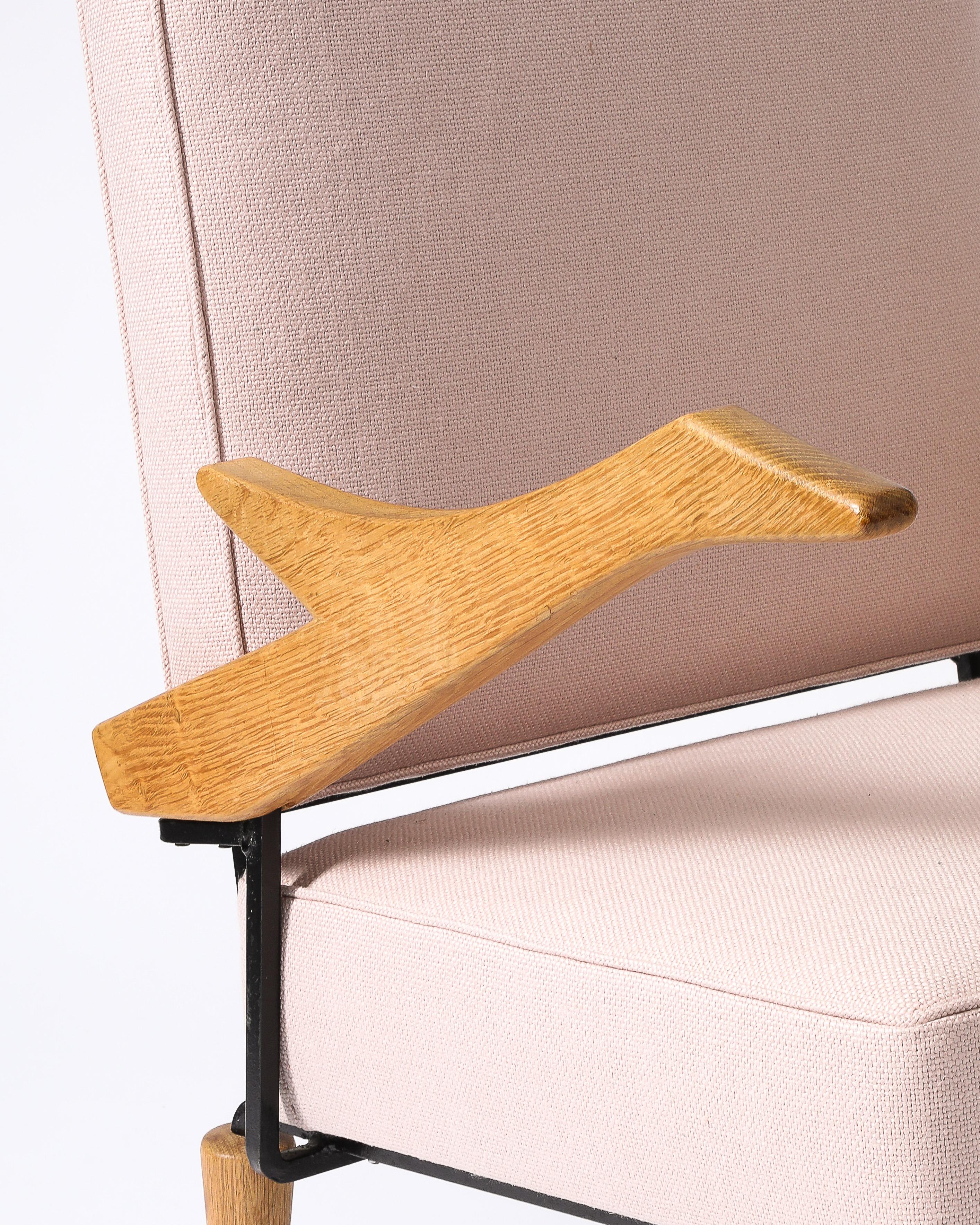 Linen, Steel, and Oak Lounge Chair, France, c. 1960 13