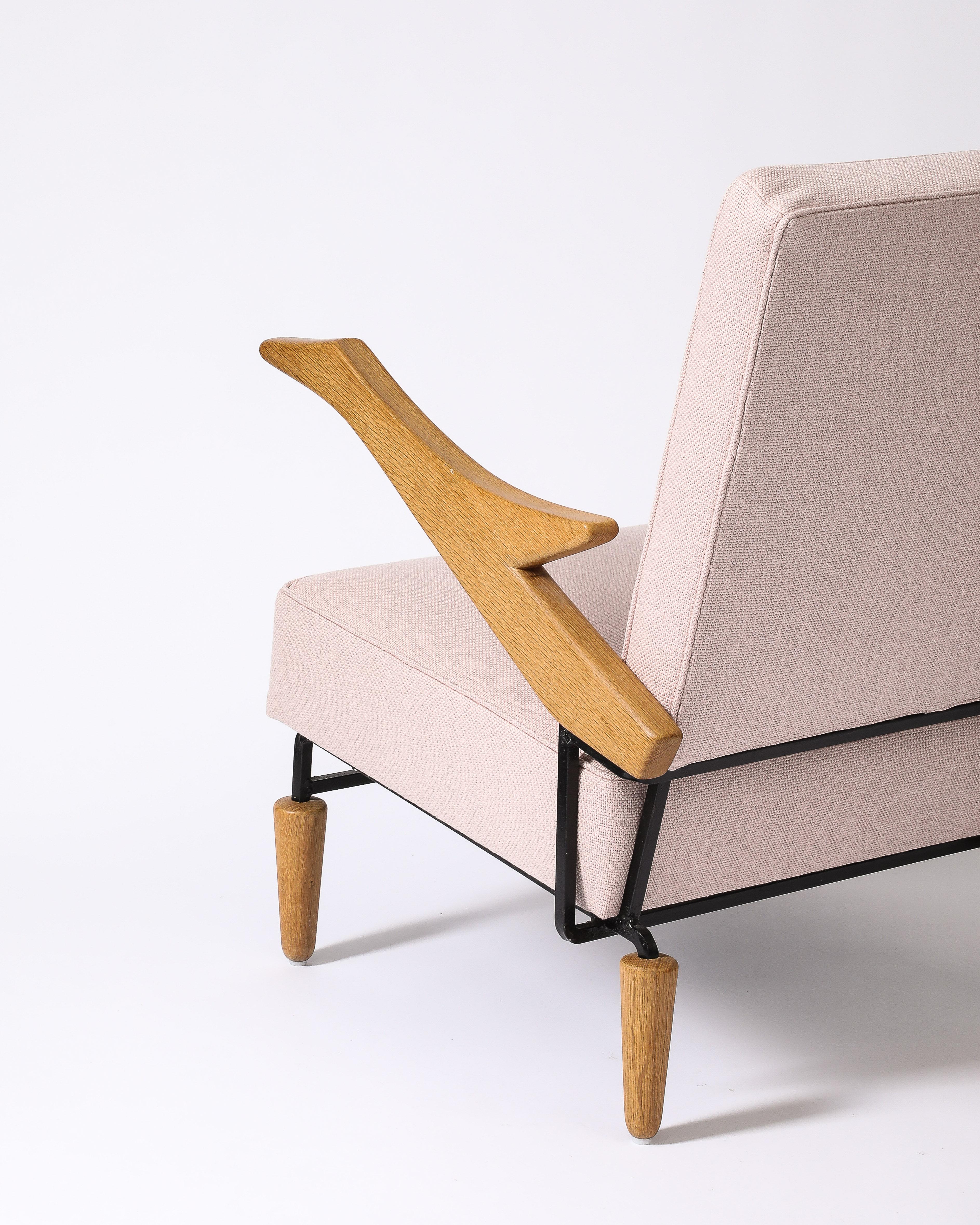 Linen, Steel, and Oak Lounge Chair, France, c. 1960 15