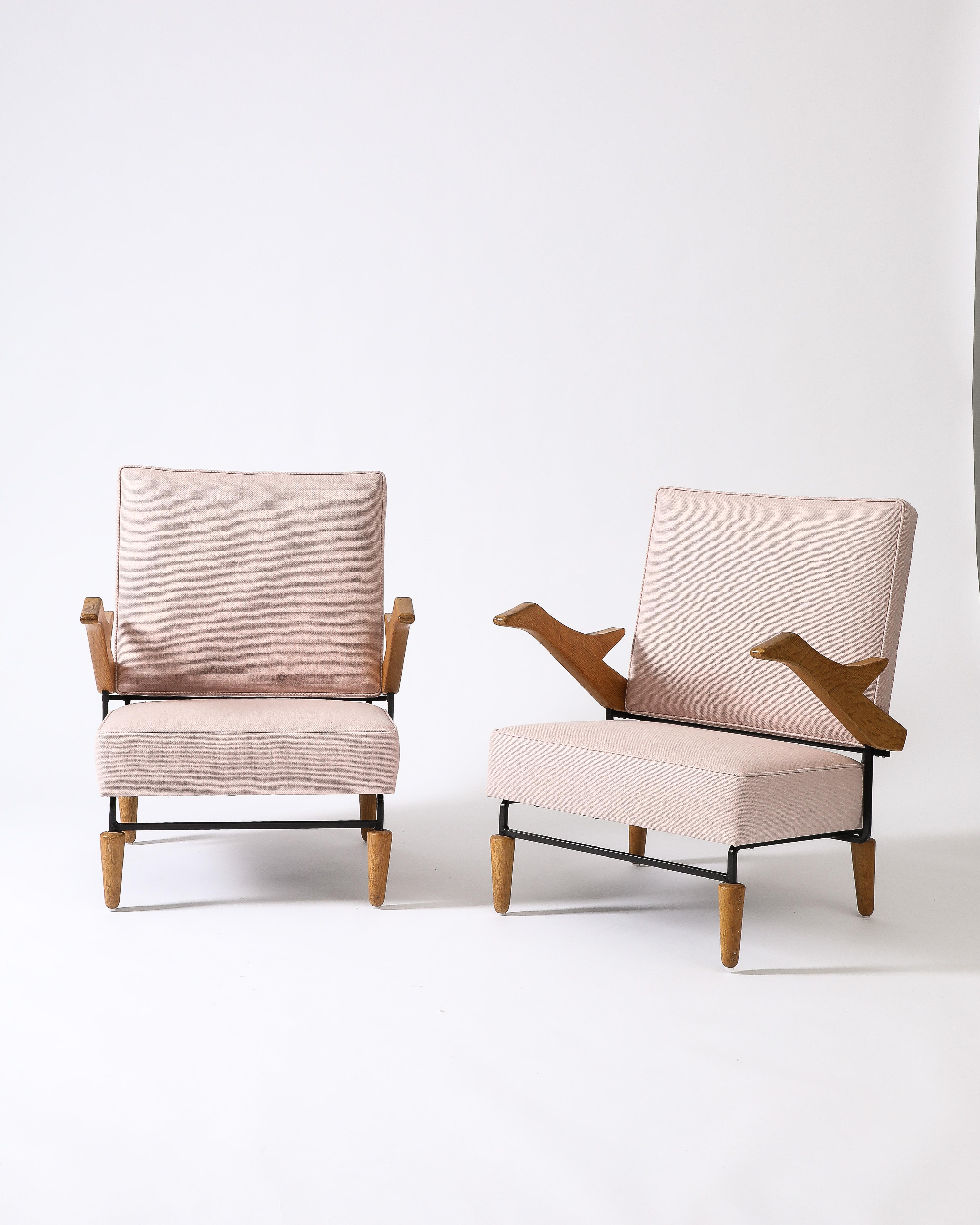 French Linen, Steel, and Oak Lounge Chair, France, c. 1960