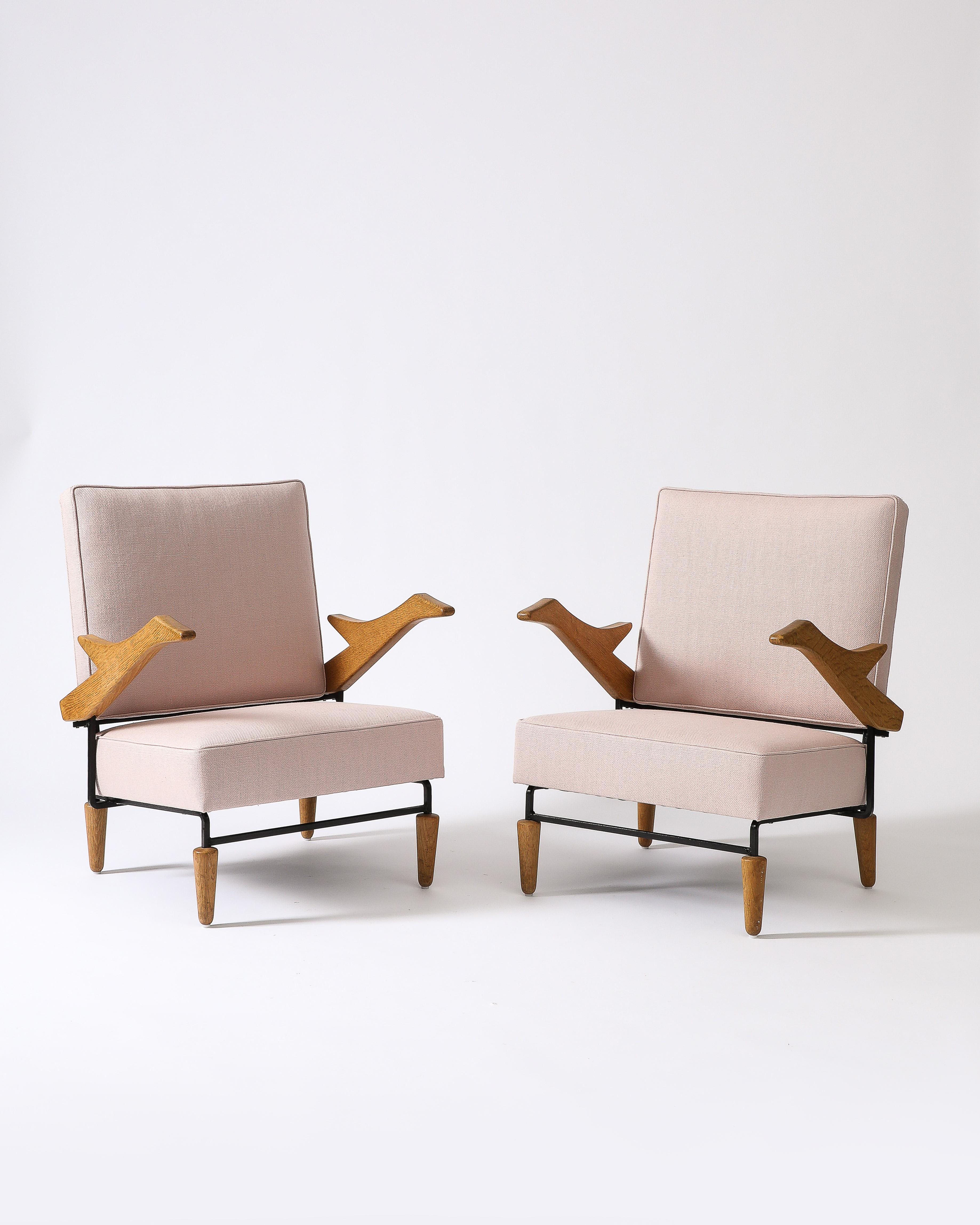 Linen, Steel, and Oak Lounge Chair, France, c. 1960 In Excellent Condition In New York City, NY
