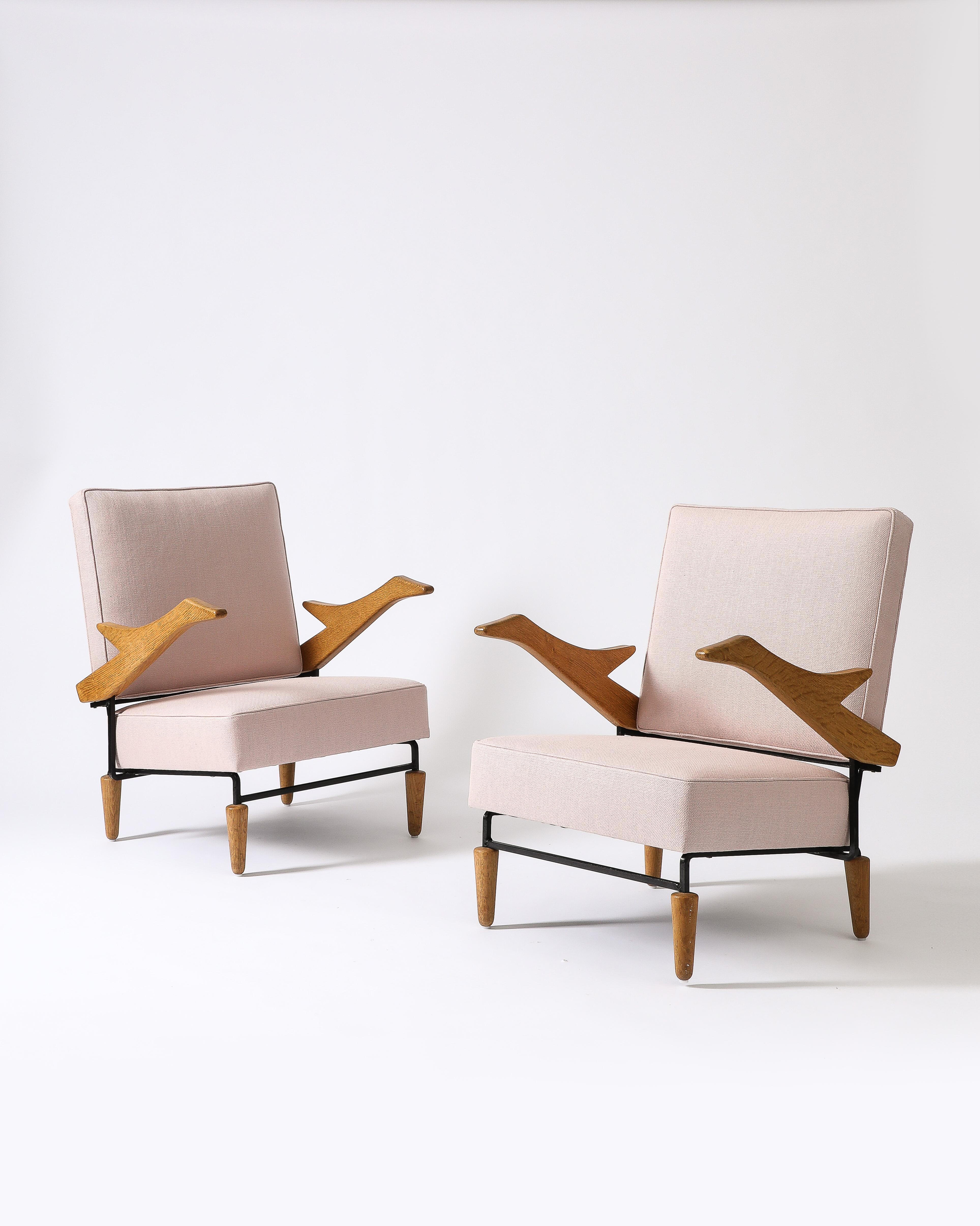 Mid-20th Century Linen, Steel, and Oak Lounge Chair, France, c. 1960