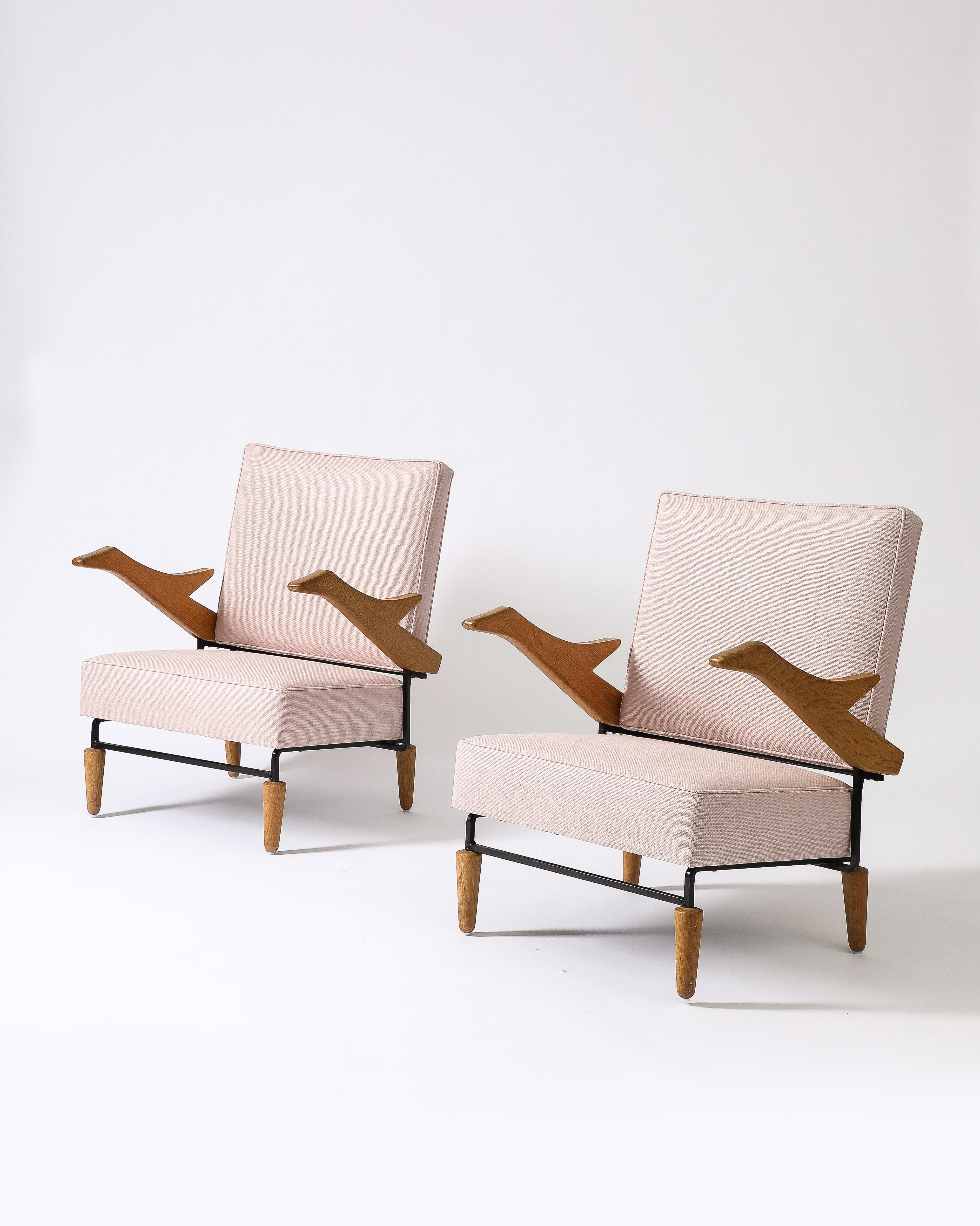 Linen, Steel, and Oak Lounge Chair, France, c. 1960 1