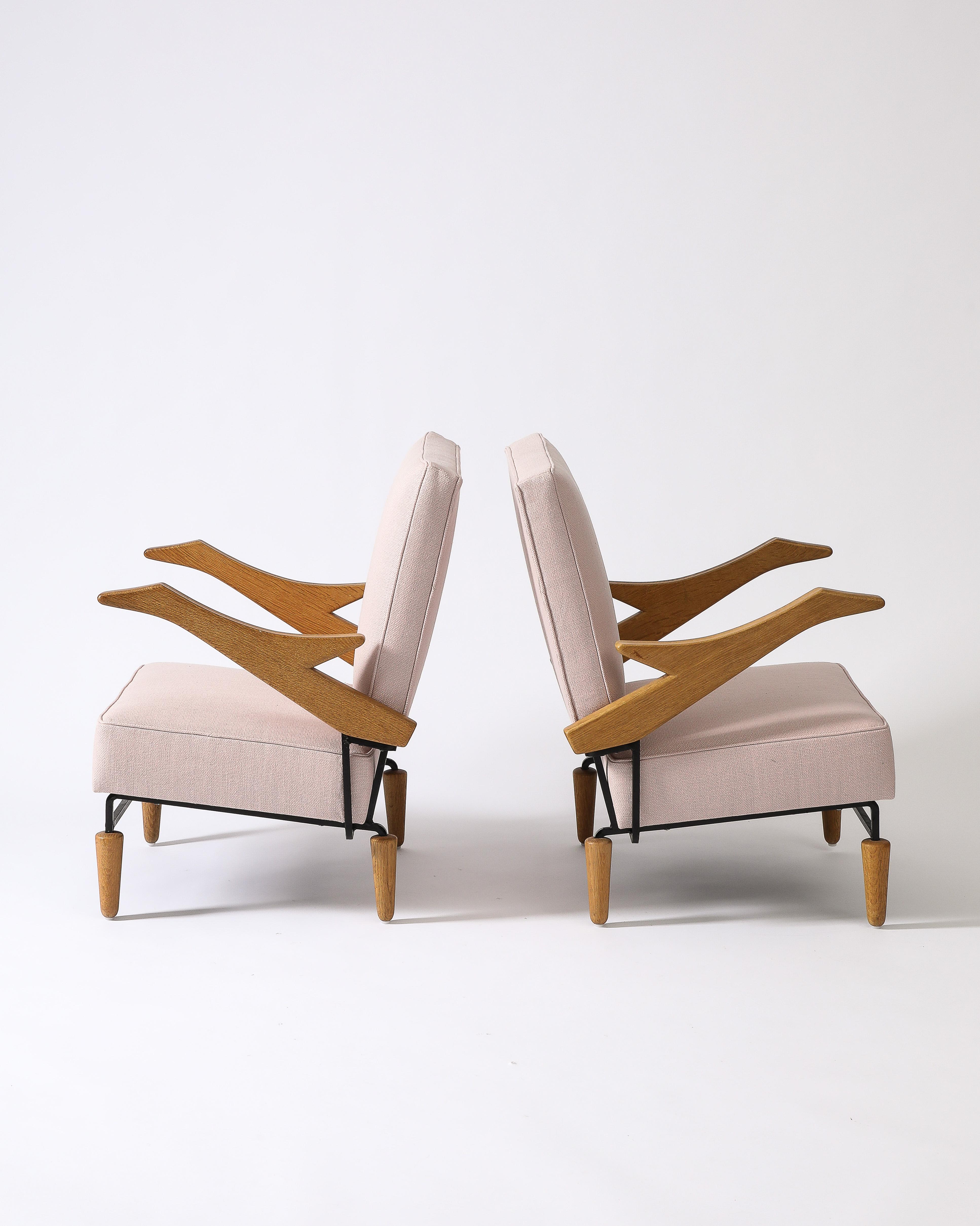 Linen, Steel, and Oak Lounge Chair, France, c. 1960 2