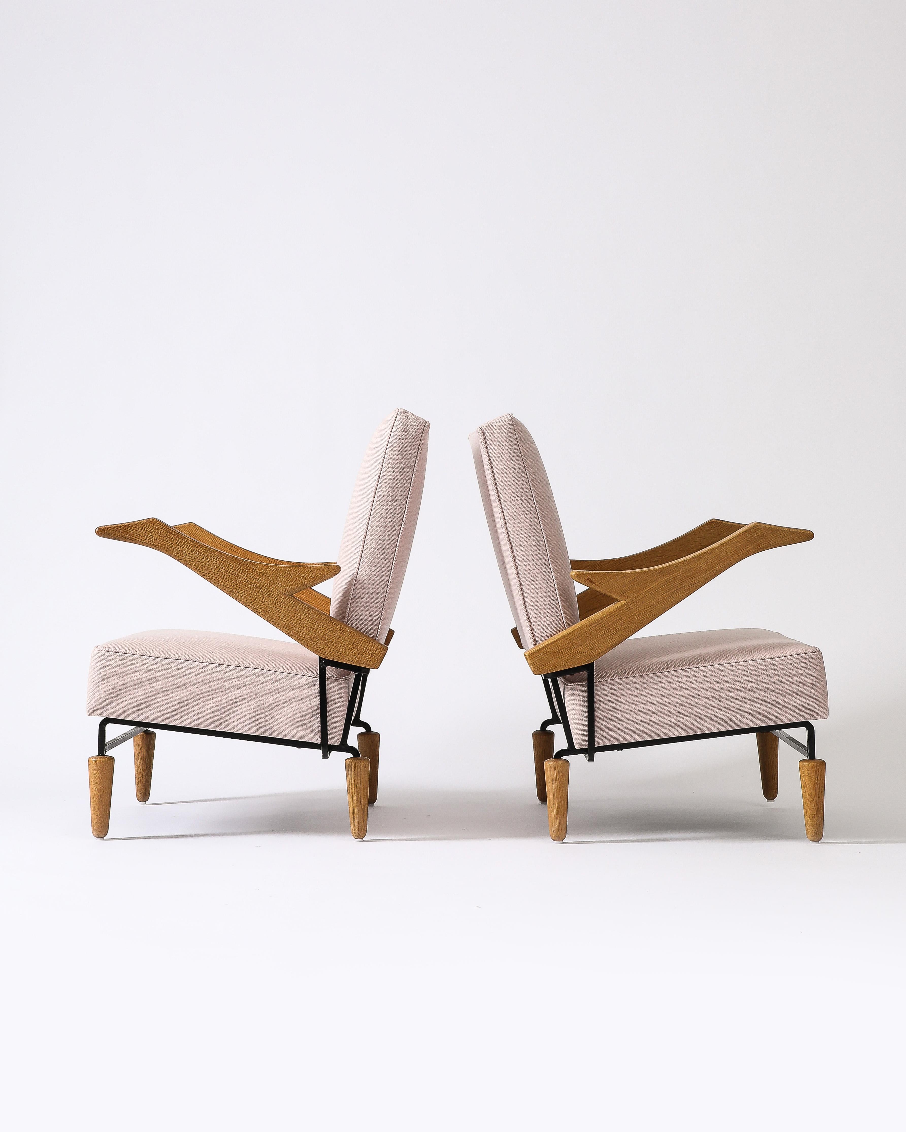 Linen, Steel, and Oak Lounge Chair, France, c. 1960 3