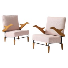 Linen, Steel, and Oak Lounge Chair, France, c. 1960