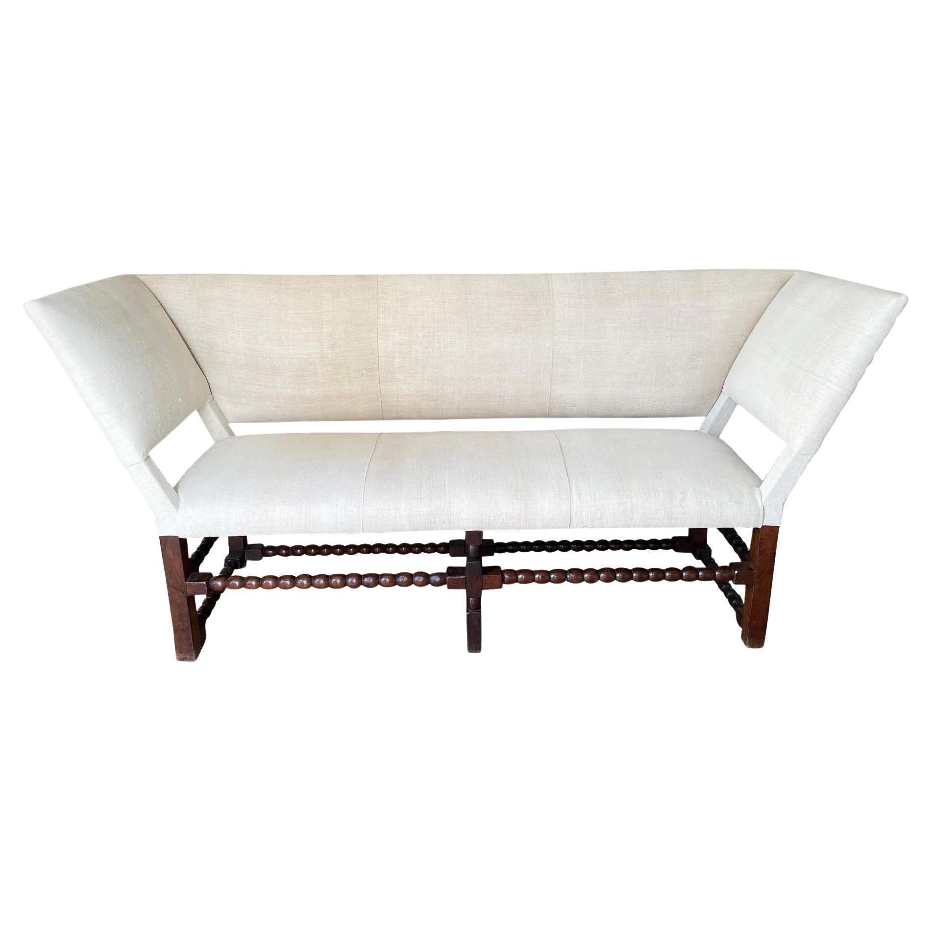 Linen Upholstered Wing Bench, Italy, 1900c