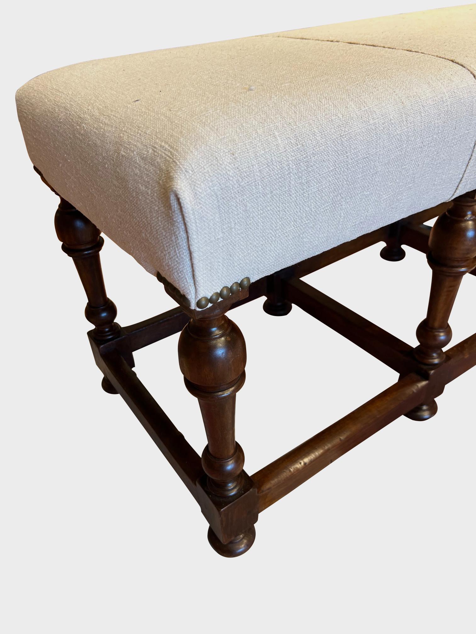 Italian Linen Upholstery Extra Long Turned Leg Bench, Italy, 19th Century