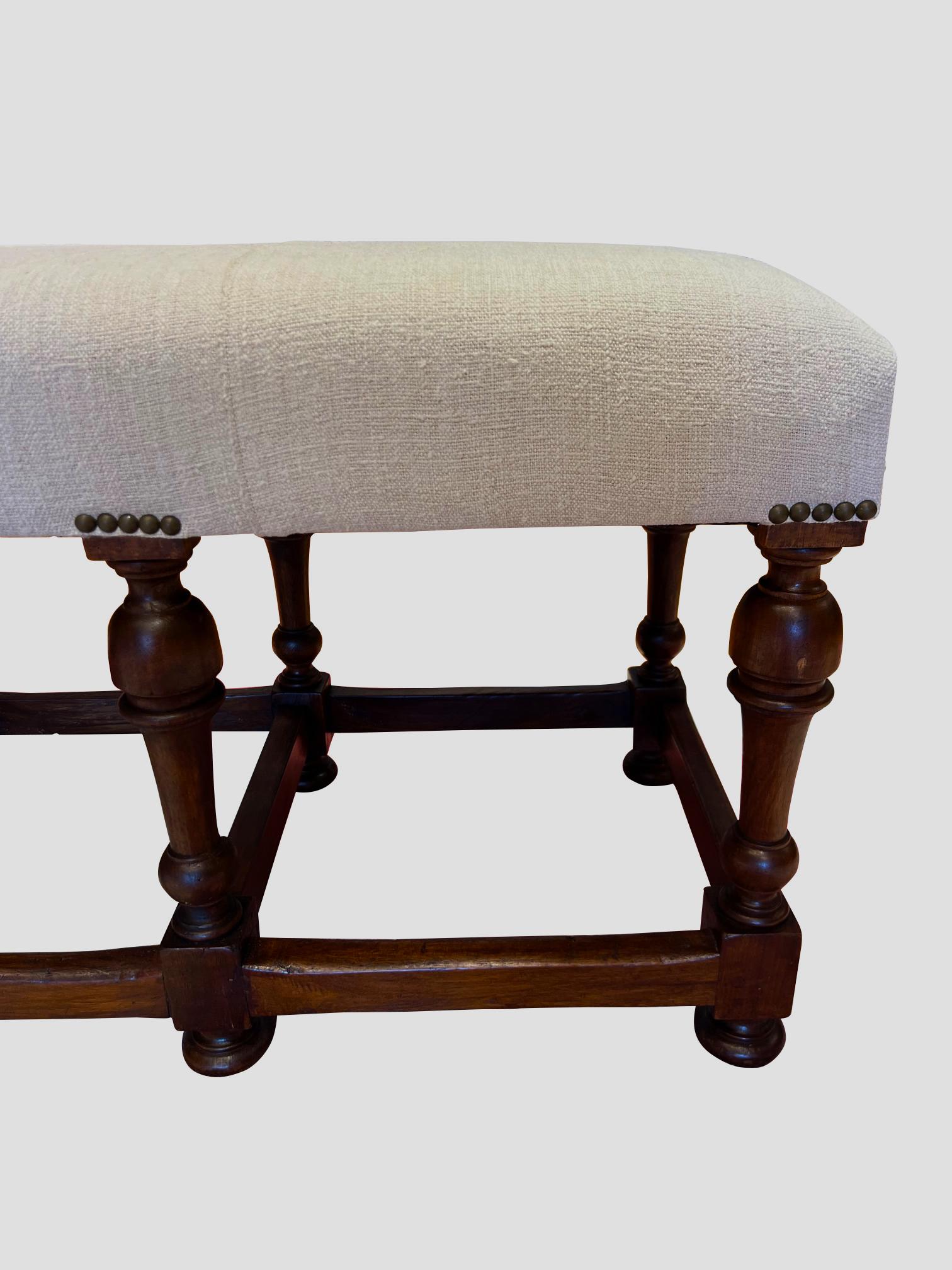 Linen Upholstery Extra Long Turned Leg Bench, Italy, 19th Century In Good Condition In New York, NY