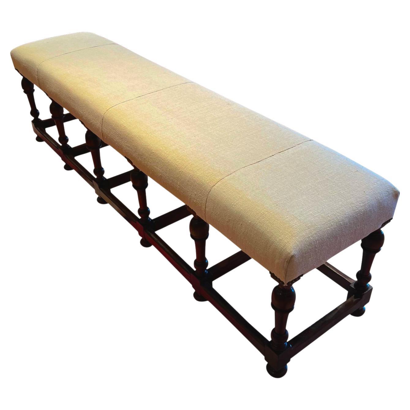Linen Upholstery Extra Long Turned Leg Bench, Italy, 19th Century